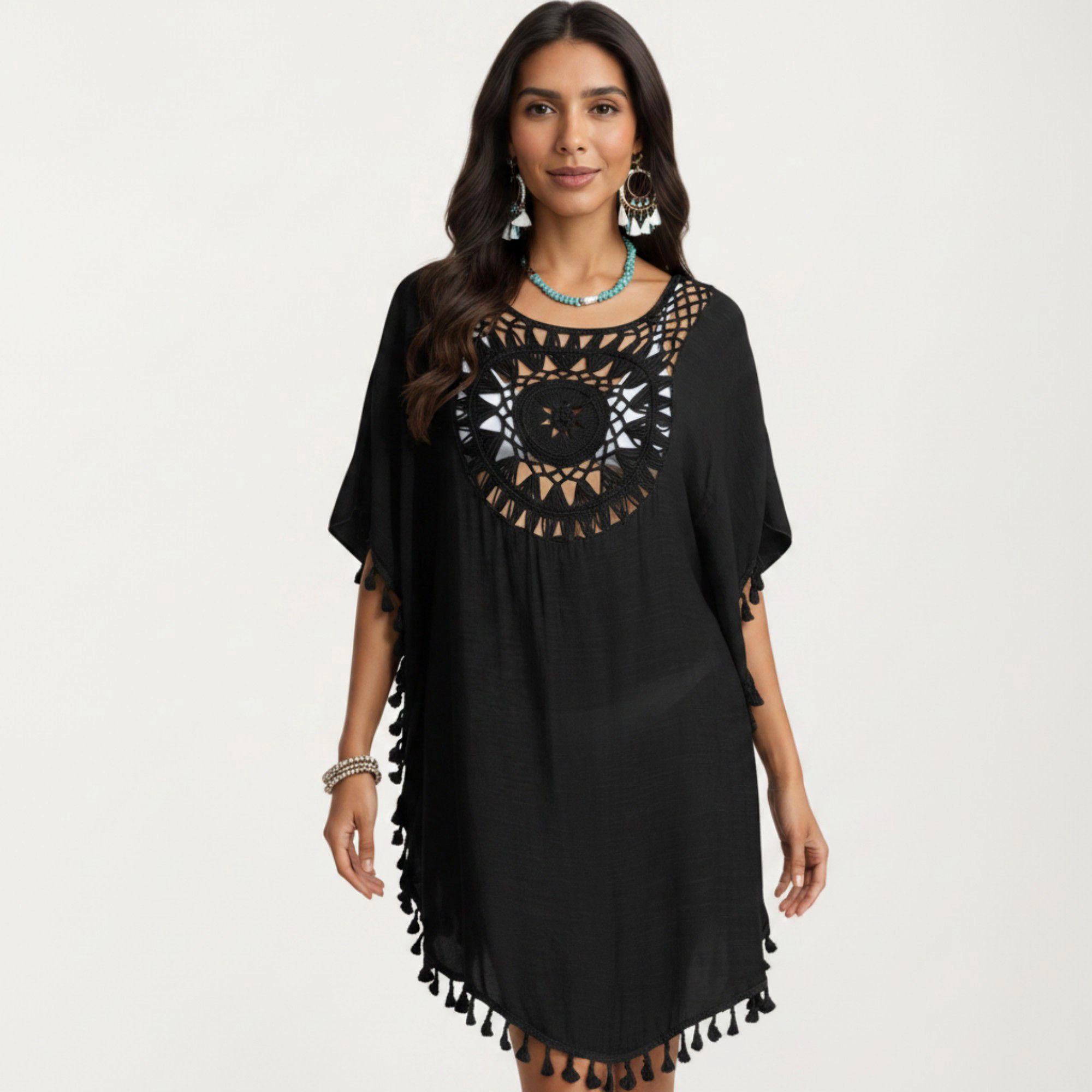 Anna-Kaci Women's Crochet Medallion Tassel Trim Relaxed Boho Silhouette Swim Cover Up Dress