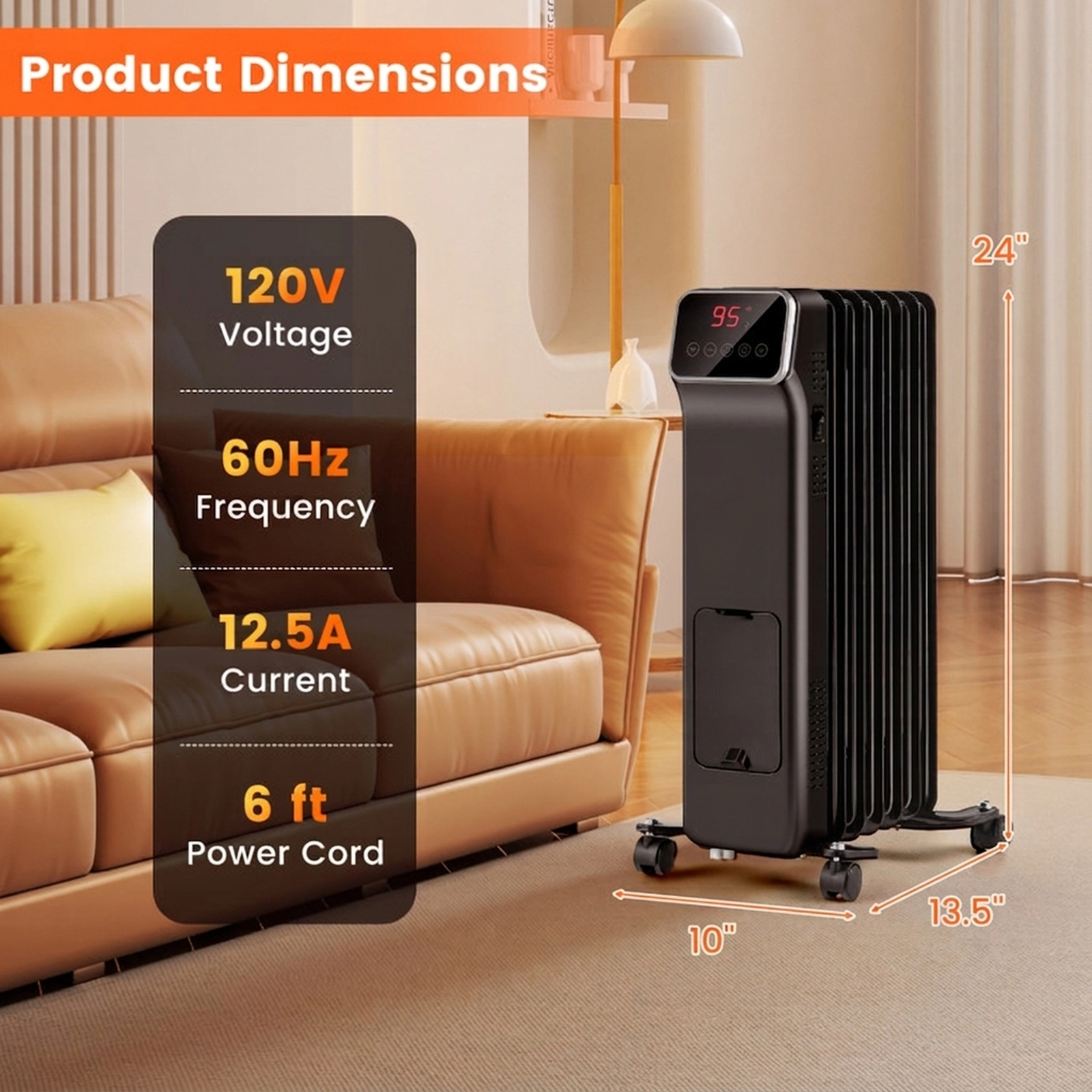 SUGIFT 1500W Oil Filled Radiator Heater with Remote Control 3 Heat Settings 24H Timer 24-in Tall Black