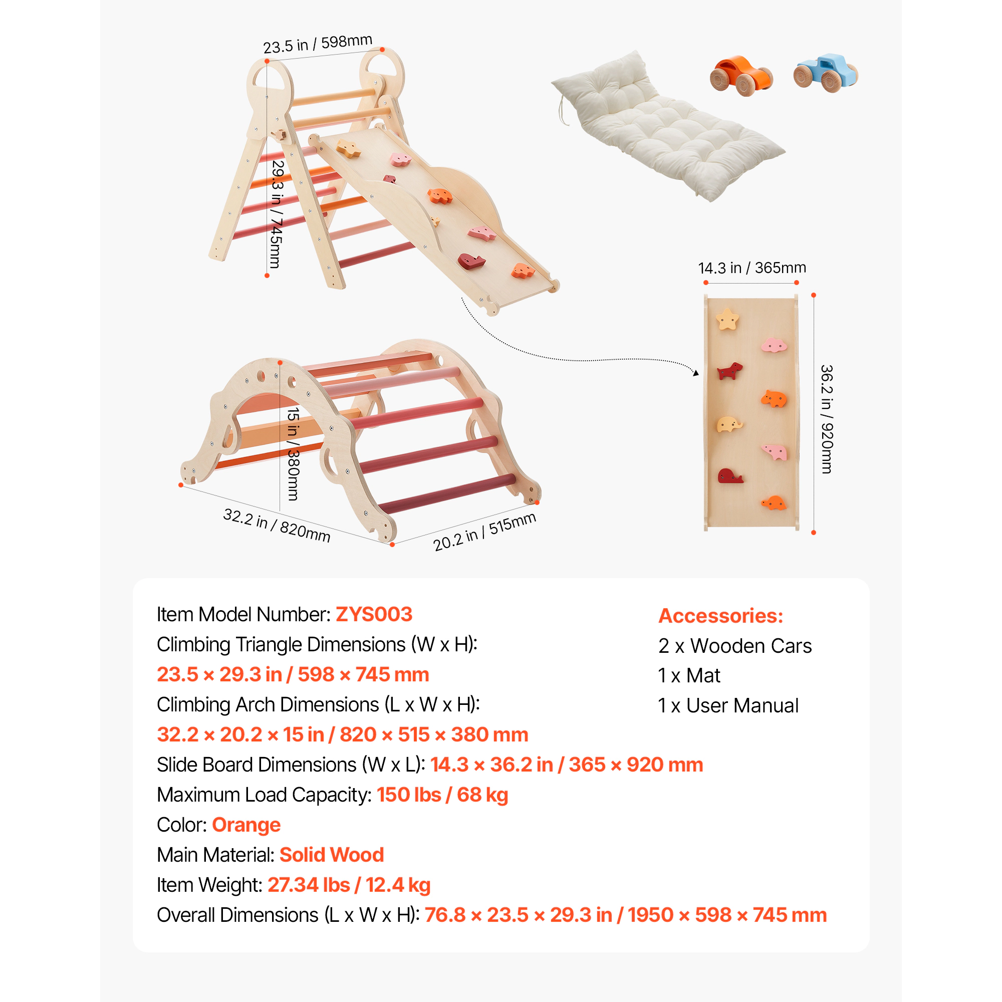 HONGGE Pikler Triangle Set 9-in -1 Toddler Climbing Toys Indoor with 2 Wooden Cars Cushion Triangle Arch and Ramp 150