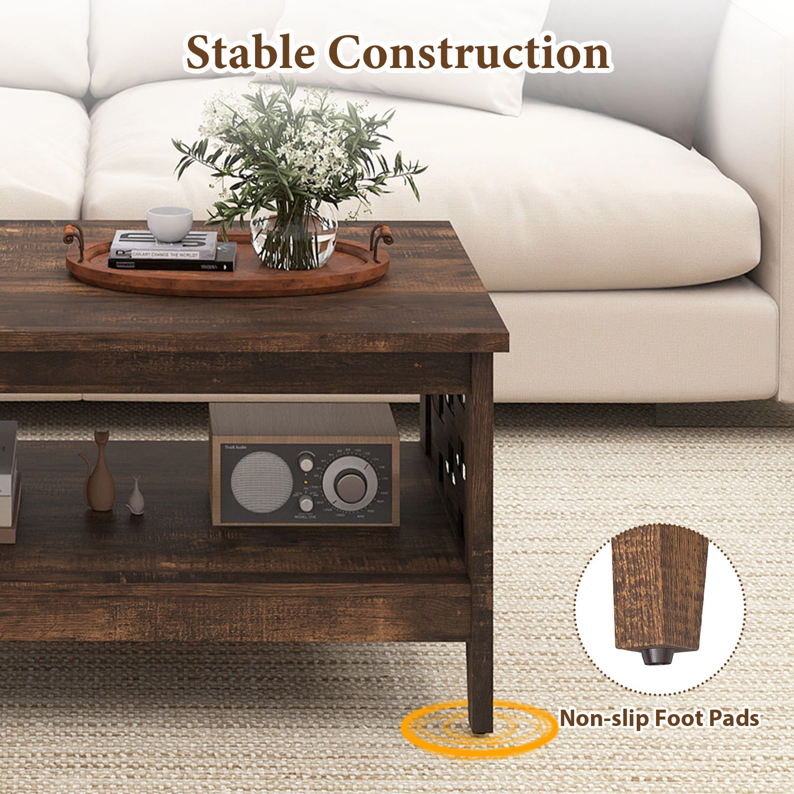 Glintex 2-Tier Farmhouse 39.5-Inch Coffee Table with Woven Accent Panels