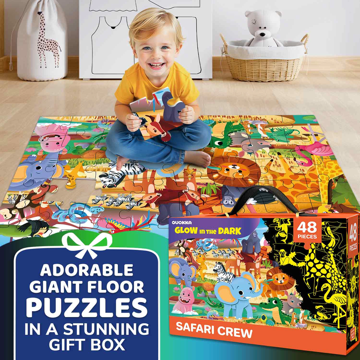 QUOKKA Giant Floor Jigsaw Puzzles, 48 Piece Search & Find Glow-in-the-Dark Puzzle Set for Kids Ages 4+