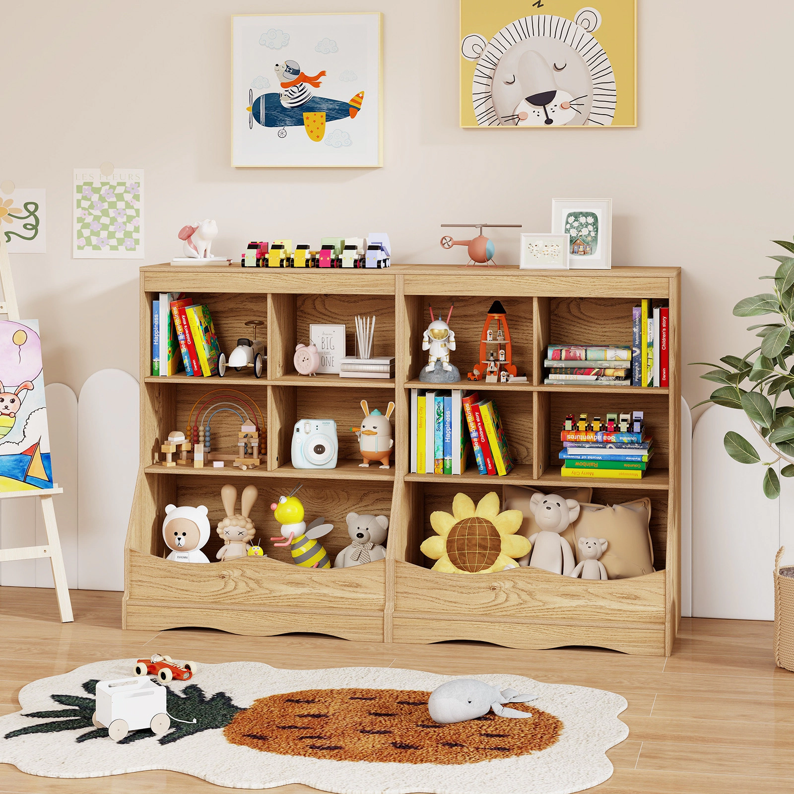 SUGIFT Kids 3-Tier Large Storage Bin 4 Cubbies Wooden Floor Bookcase 26.5-in x 16-in x 34.5-in 44-lb Bin Natural