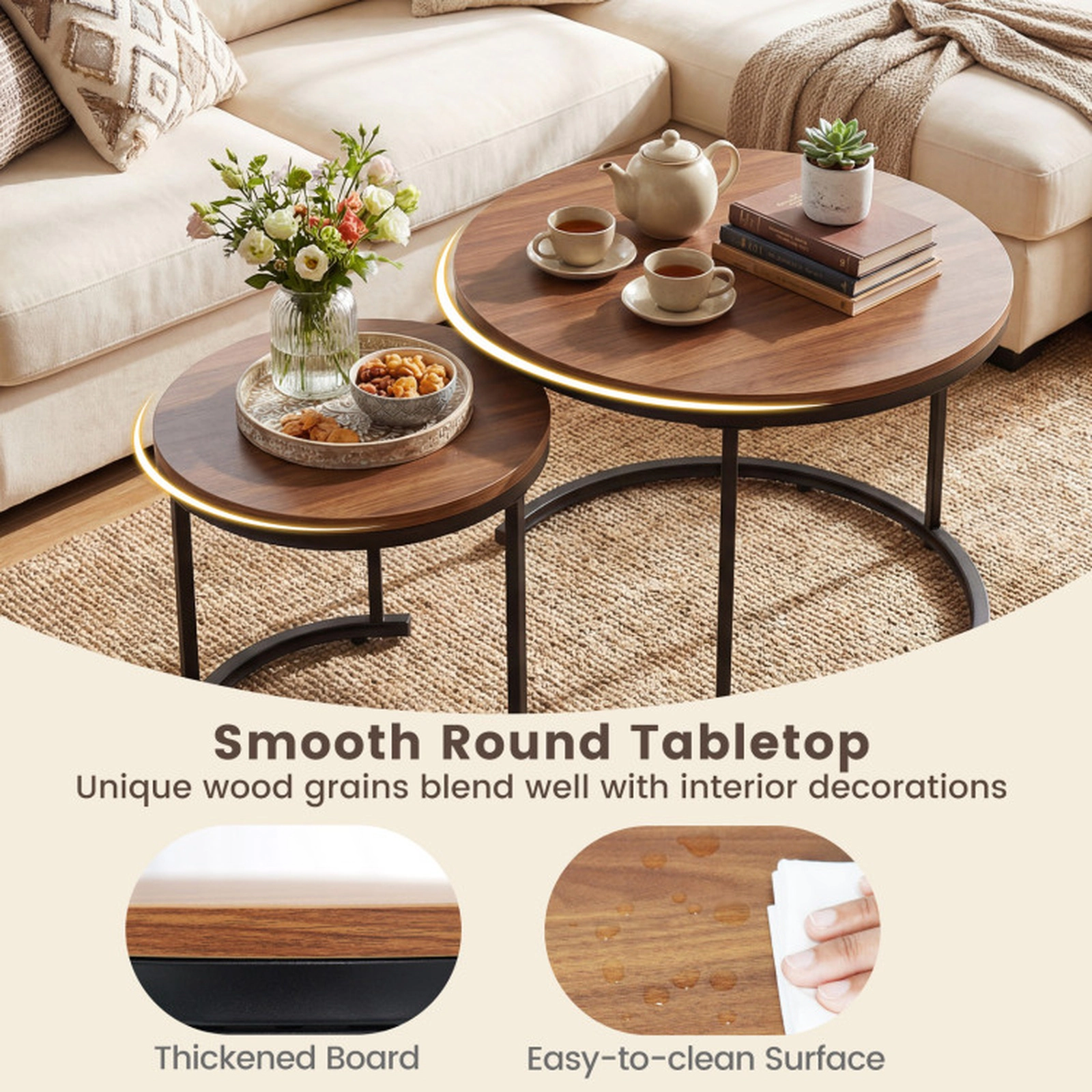 SUGIFT Set of 2 Round Stacking Nesting Coffee Tables for Living Room with 24-in and 16-in Tops Rustic Brown Light Brown