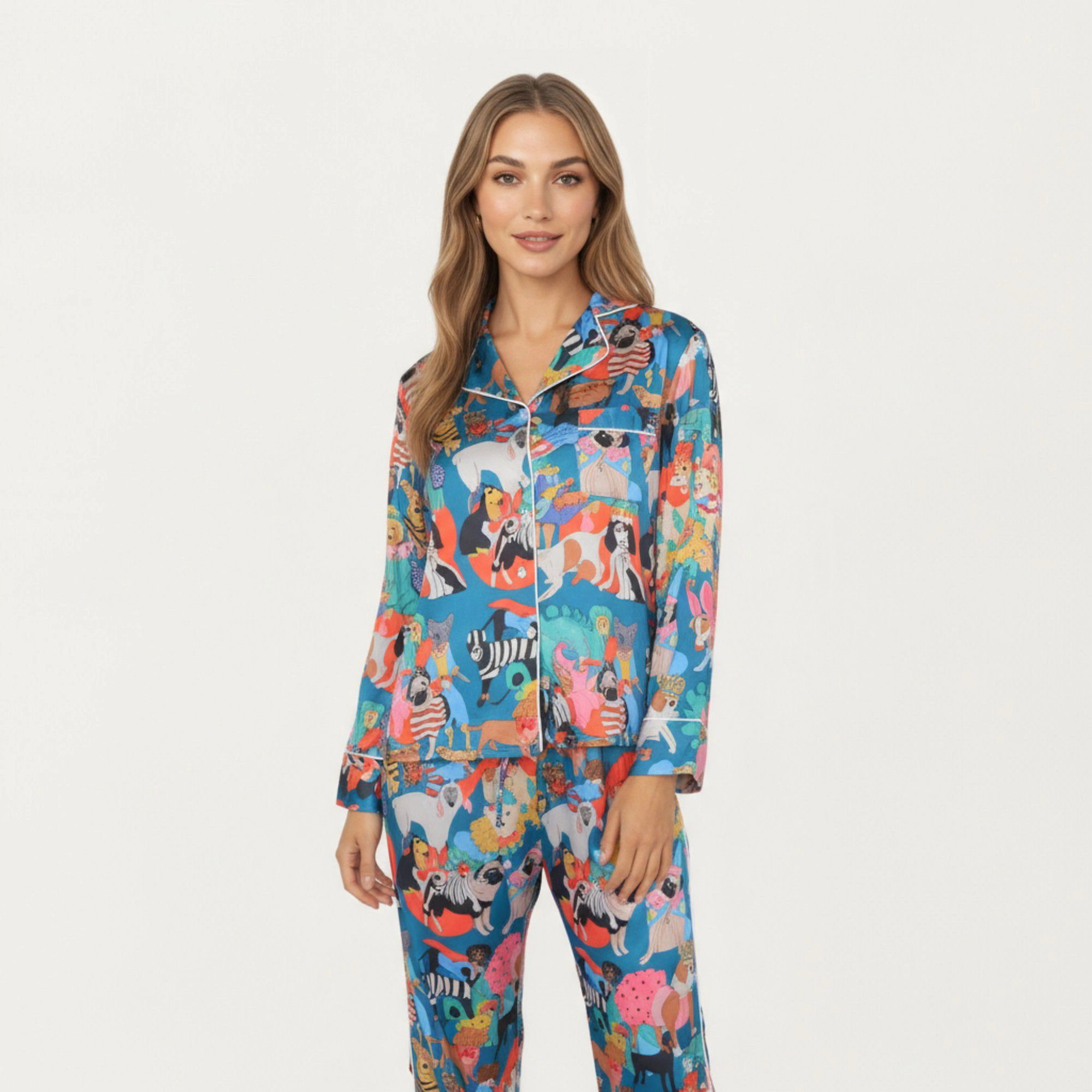 Anna-Kaci Women's 2-Piece Long Sleeve Button Front Top and Relaxed Fit Pants Pajama Set with Playful Dog Print