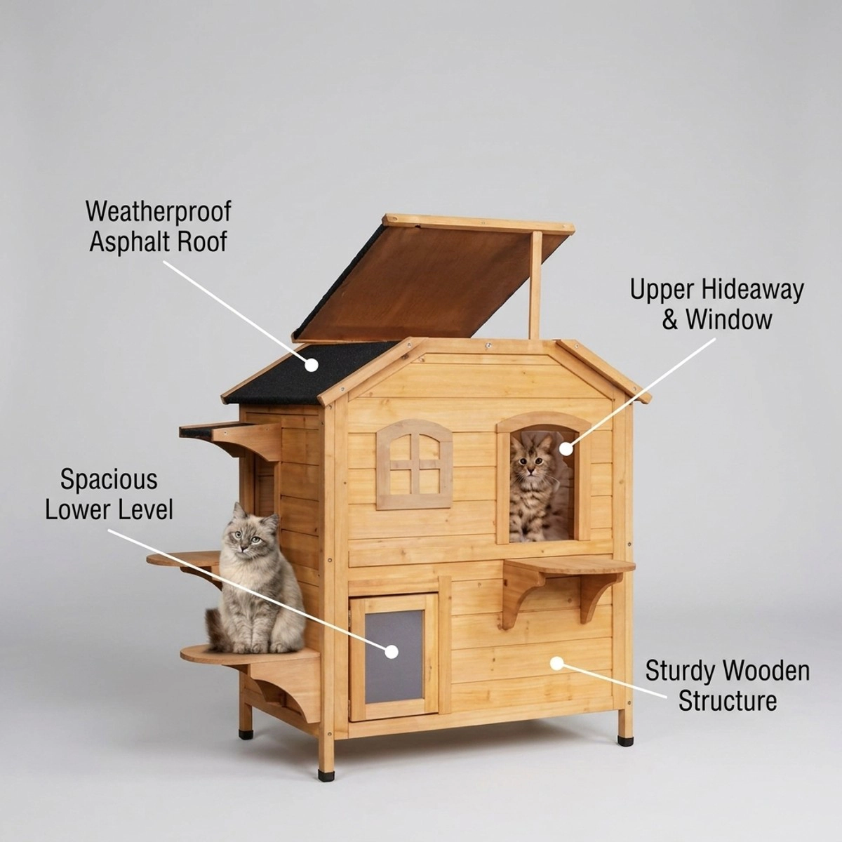 212 Main PawHut 2-Story Outdoor Weatherproof Wooden Cat House Enclosure for Feral Cats