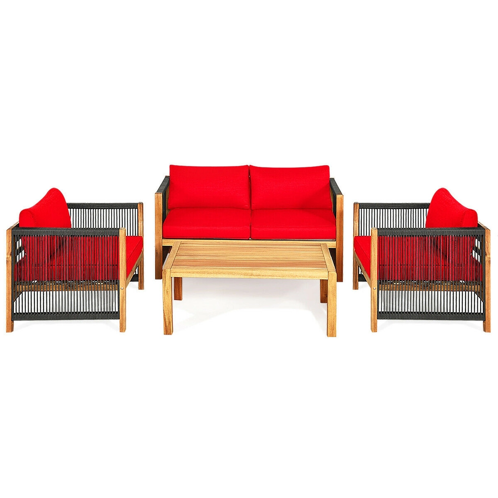 SUGIFT Thick Seat and Back Cushions 4-Piece Red Acacia Wood Patio Furniture Set