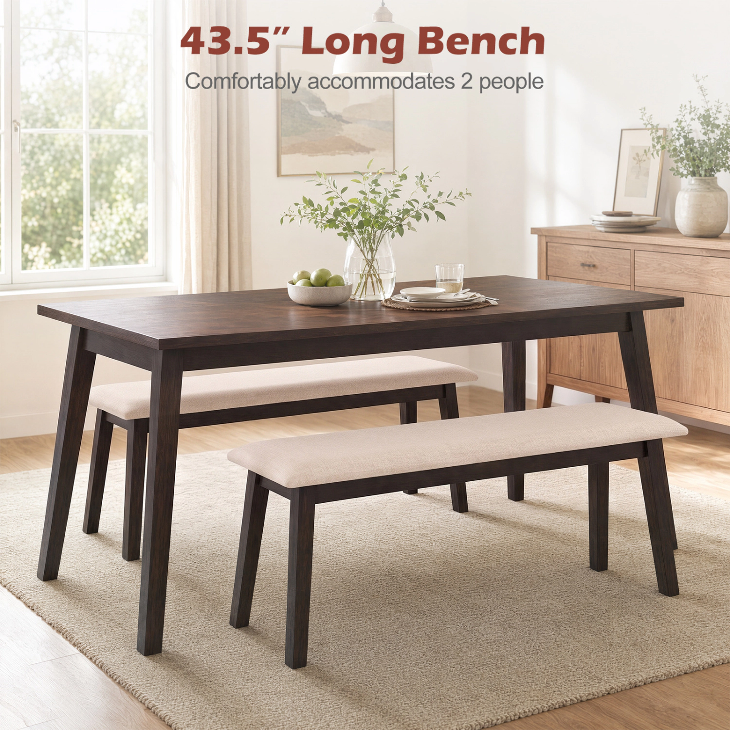 LJG 43.5 Inch Upholstered Entryway Bench with Rubber Wood Frame