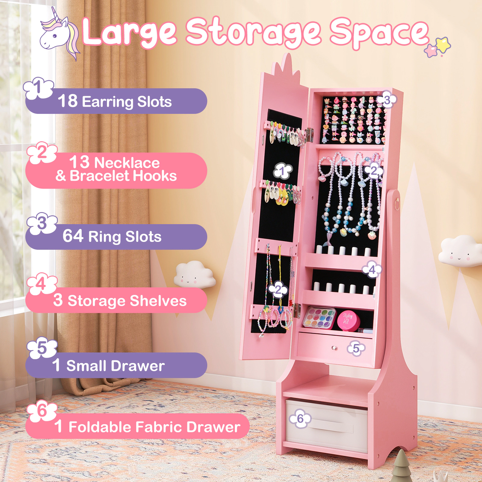 SUGIFT Pink Kids Jewelry Armoire Cabinet with Full-Length Mirror and Storage Compartments 45.5-in H