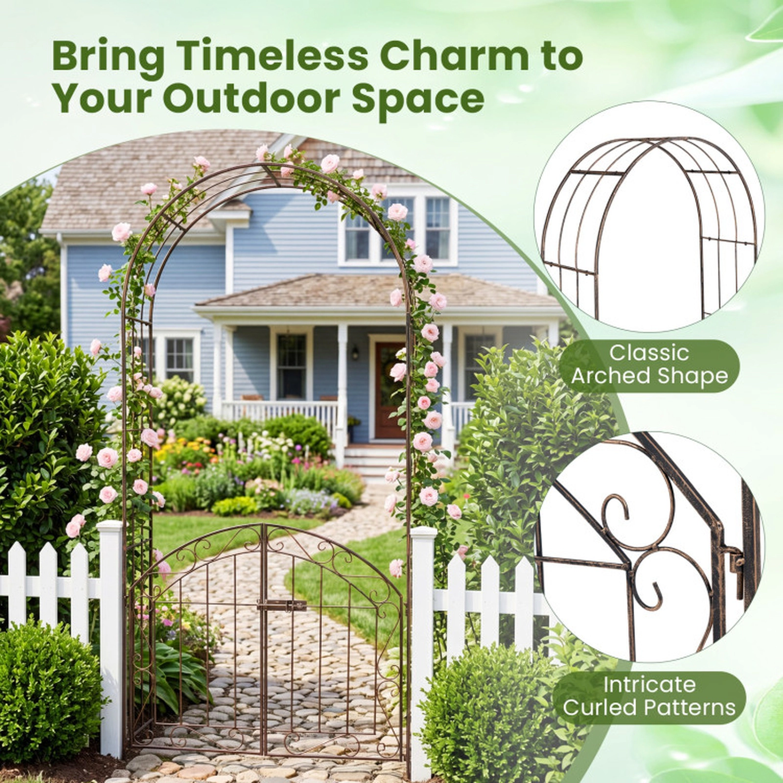SUGIFT 79-in Bronze Heavy-Duty Metal Garden Arch with Lockable Gate Safety Latch and 4 Ground Stakes