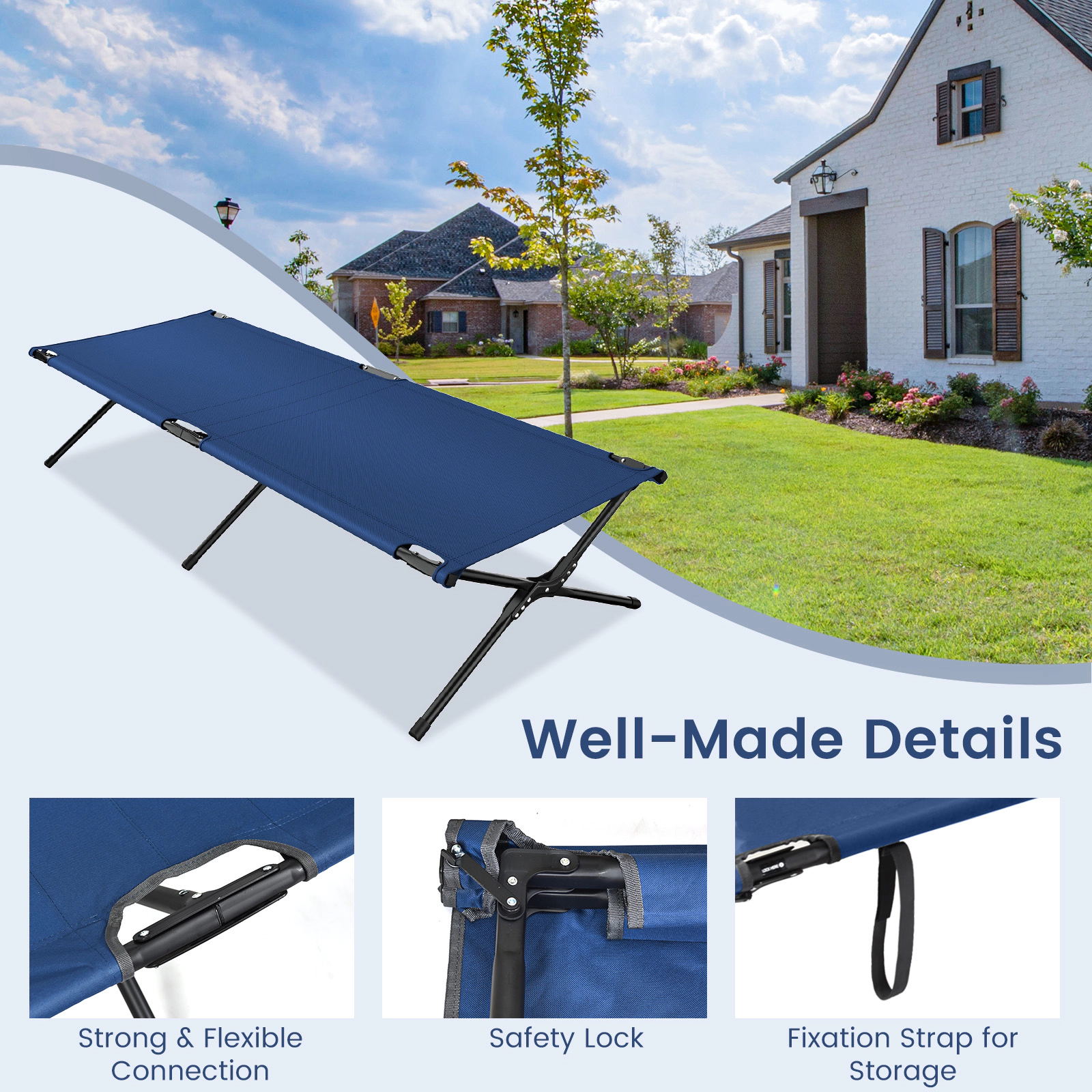 SUGIFT Iron X-Leg Folding Camping Cot Portable Bed 600D Oxford 300-lb Capacity 26.5-in Wide 6-in High Blue/Gray