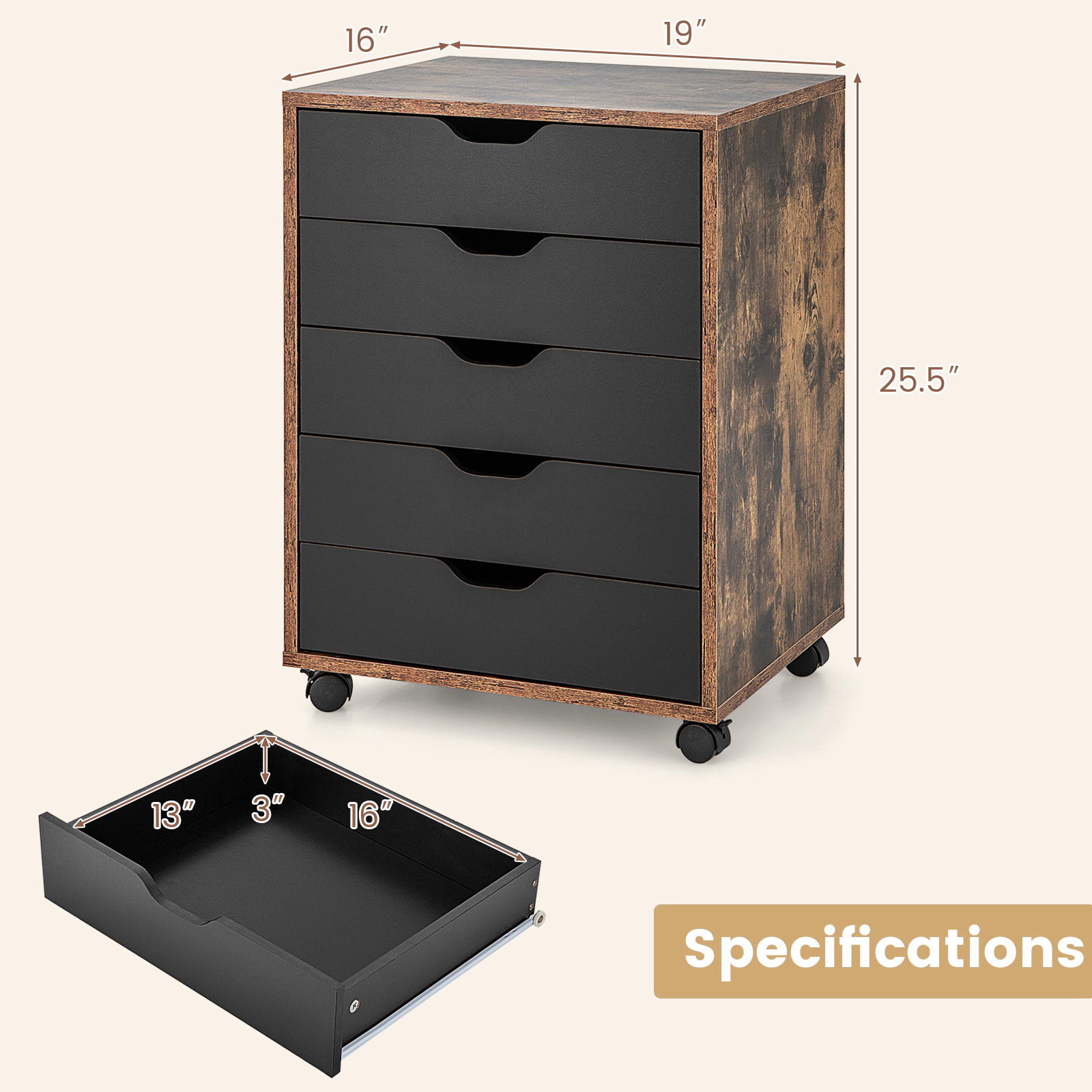 SUGIFT 25-in 5-Drawer Mobile Rolling File Cabinet Storage Cabinet with Lockable Casters for Home Office