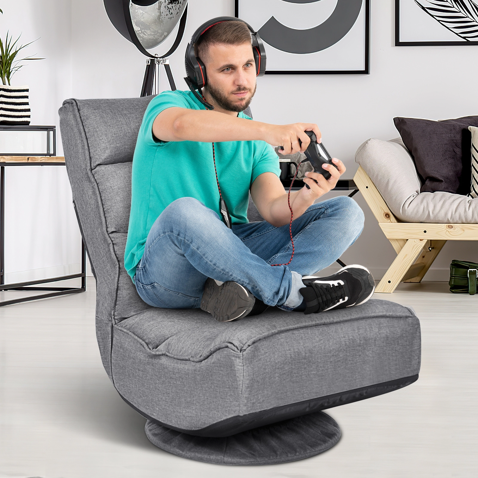 SUGIFT 5-Position Folding Floor Gaming Chair with 360-Degree Swivel Base 300-Lb Capacity Gray