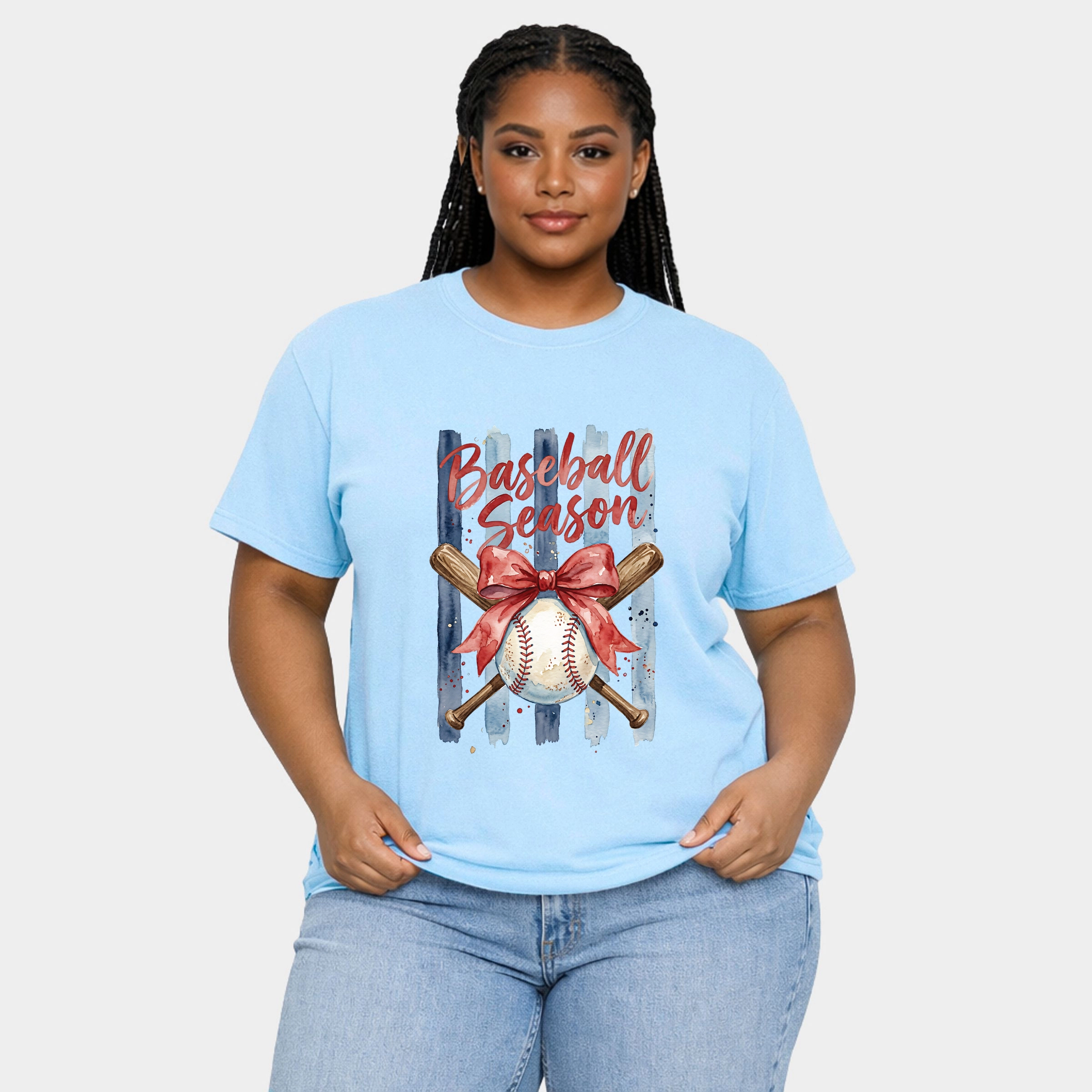 Simply Sage Market - Baseball Season Watercolor Stripes Women's Plus Sized Garment Dyed Graphic T-Shirt
