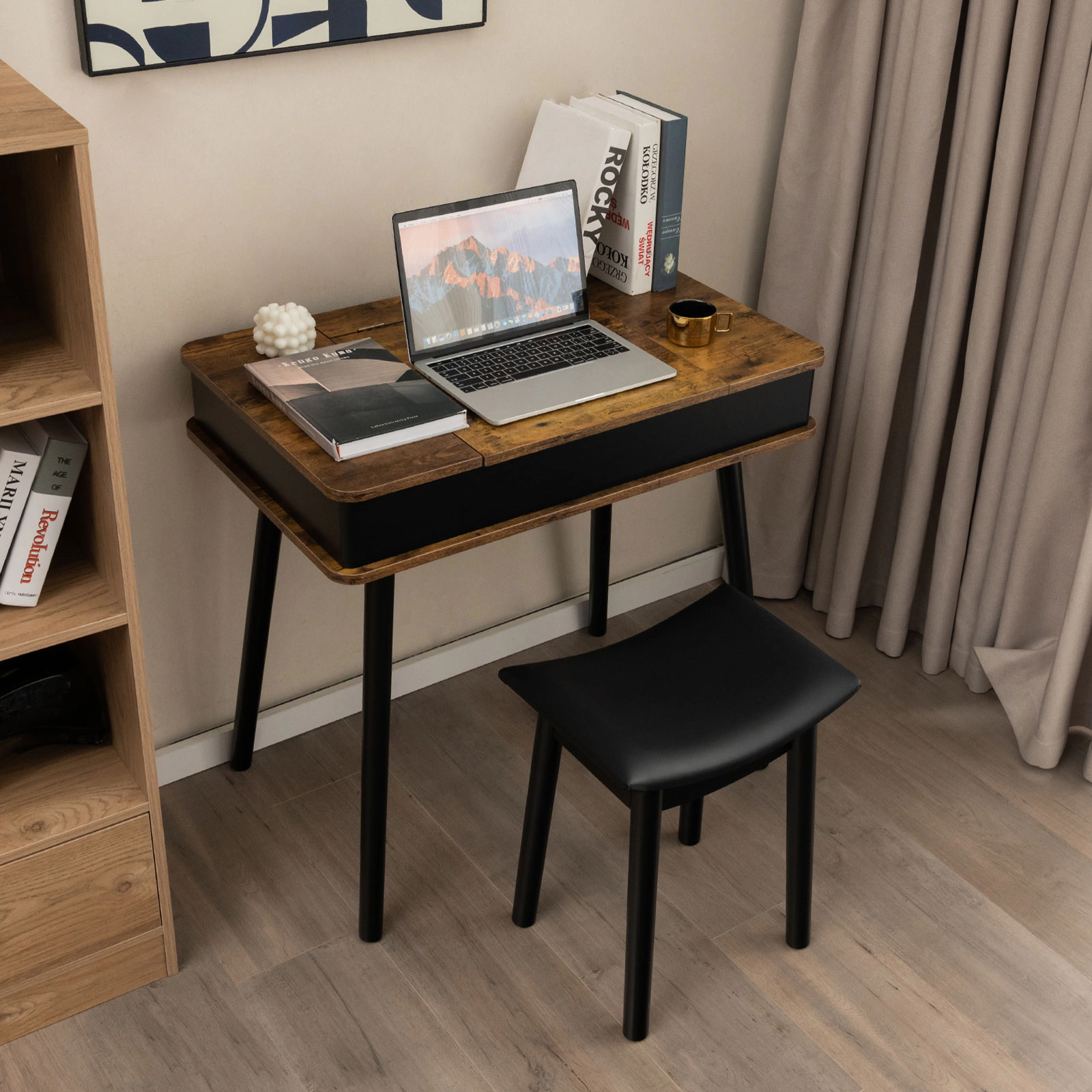 SUGIFT Flip-Top Lighted Mirror Vanity Table Writing Desk and Stool 99-lb Tabletop 330-lb Stool Rustic Brown