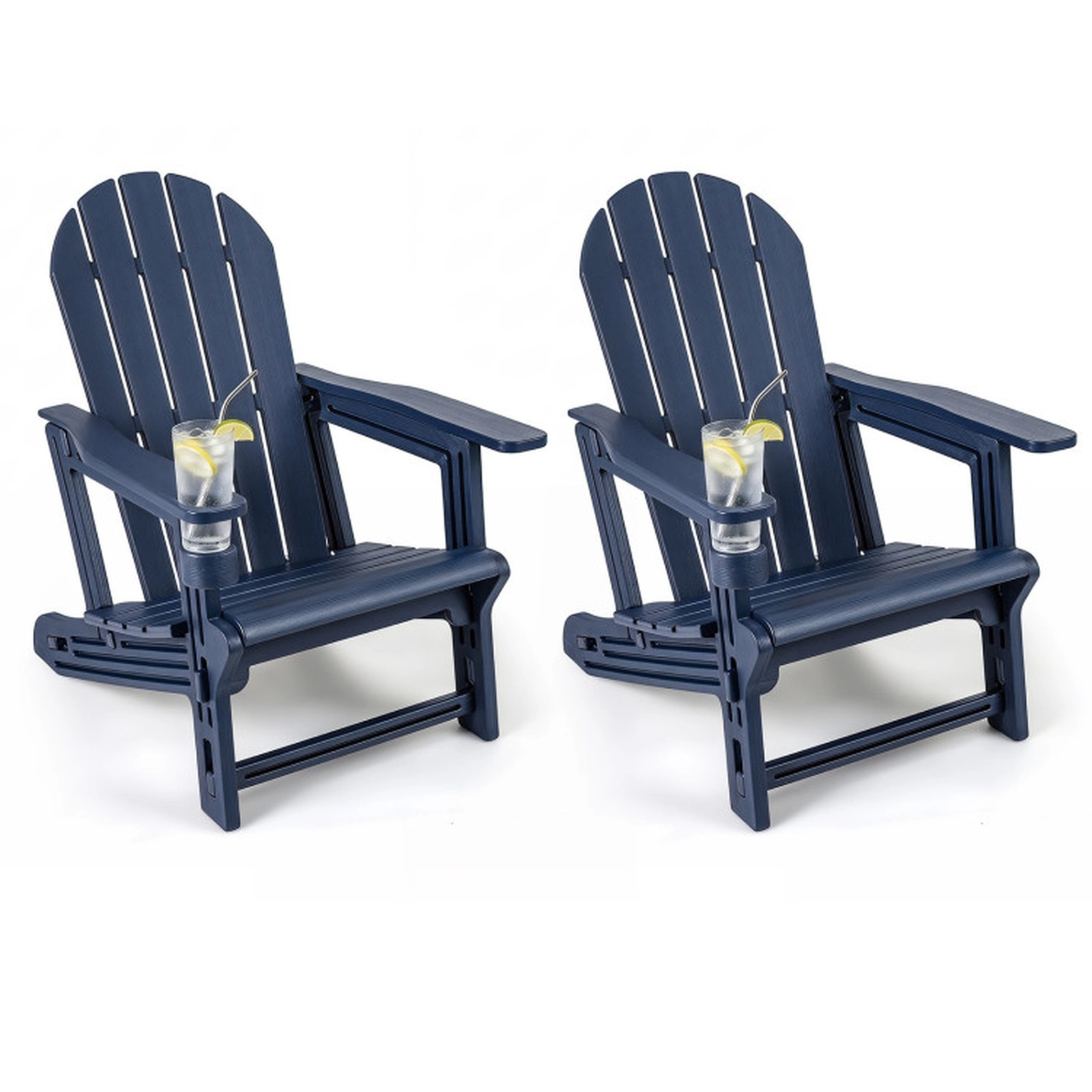 SUGIFT Navy Blue Cup Holder and Wooden Texture for Patio Set of 2 HDPE Adirondack Chairs