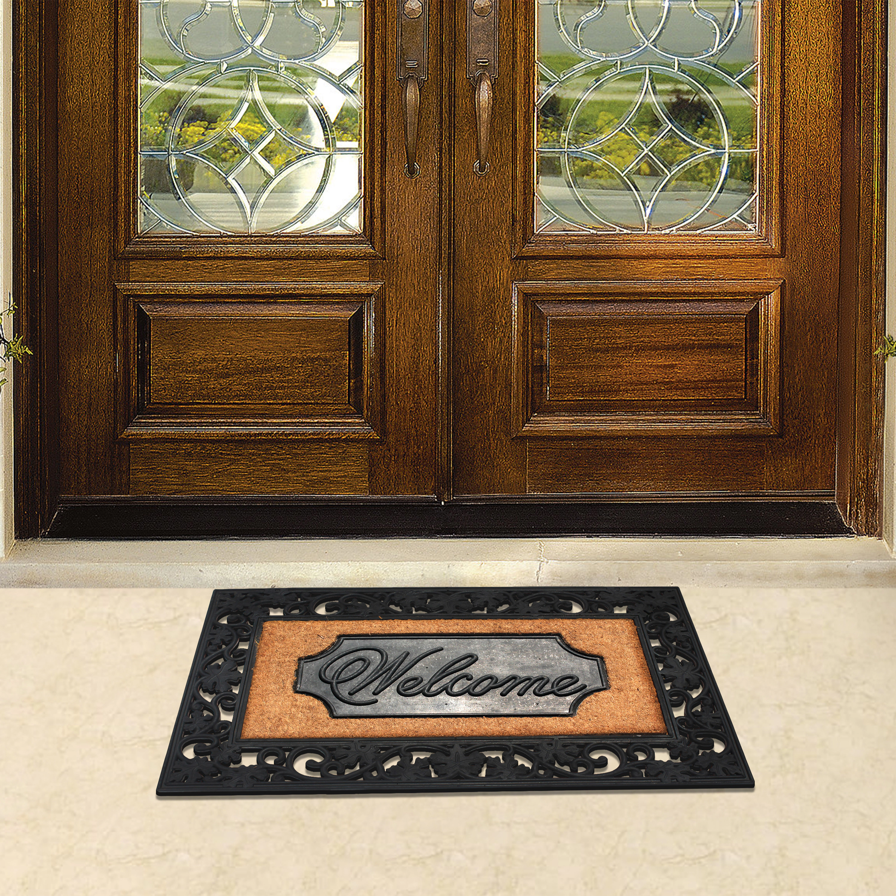A1HC Coir and Rubber Door Mat 38x23 Inches Anti-Shed Heavy Duty Non-Slip Black Floral Border