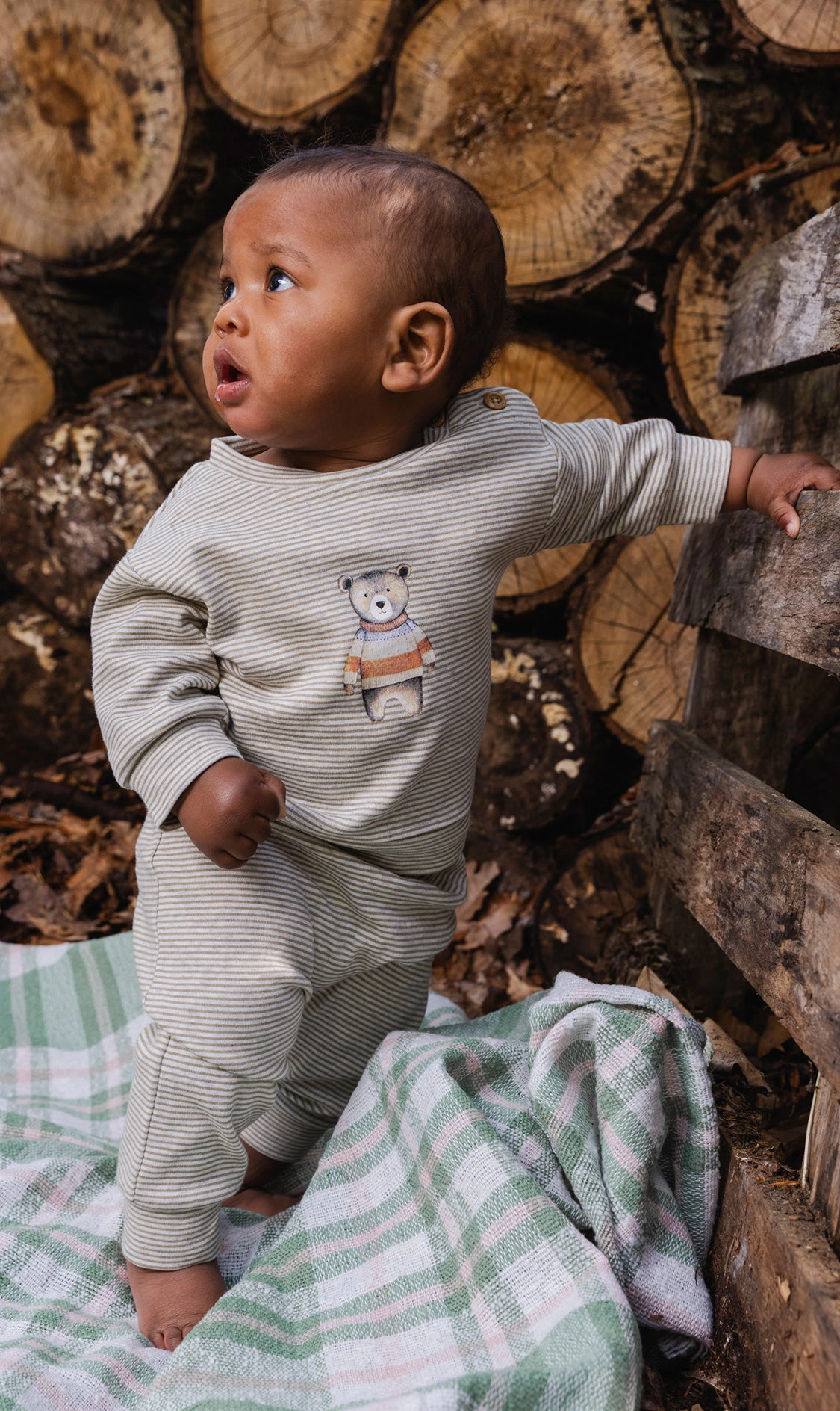 Deux par Boys Organic Cotton Striped Pants and Top Set with Bear Detail