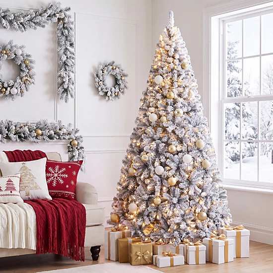 LJG Pre-Lit Premium Snow Flocked Hinged Artificial Christmas Tree