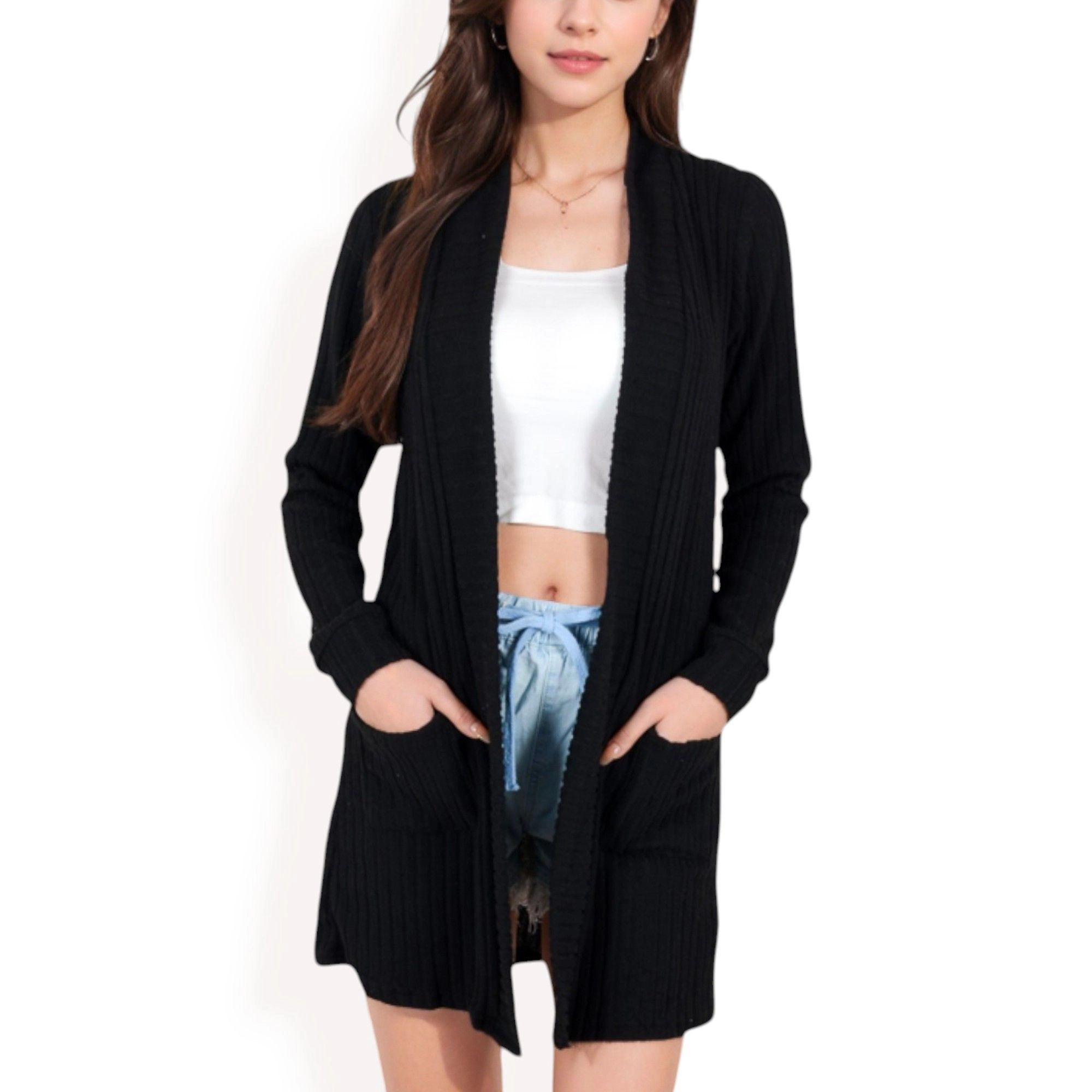 Anna-Kaci Women's Open Front Ribbed Knit Cardigan with Pockets for Casual Looks Everyday Wear