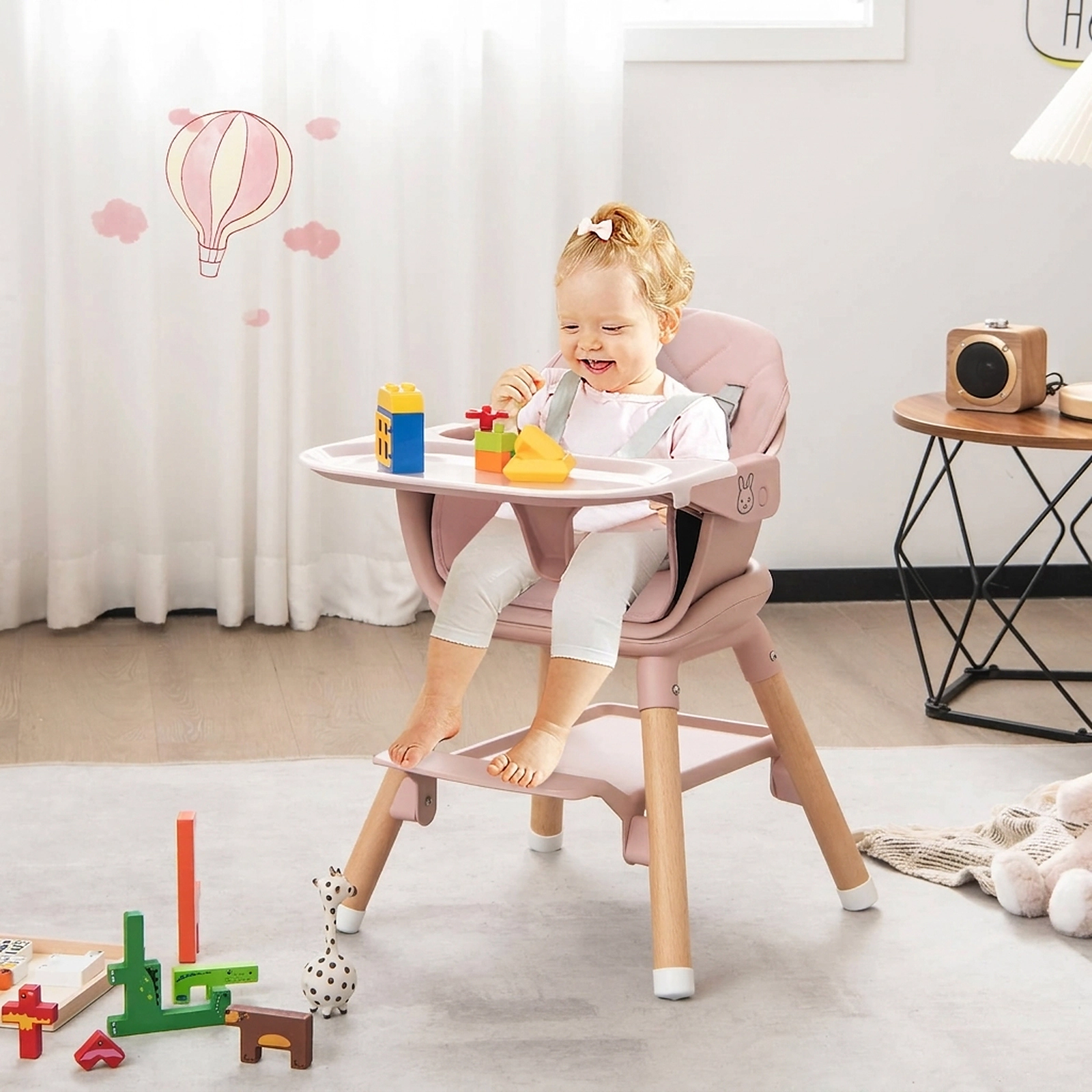 6-in-1 Convertible Baby High Chair with Dishwasher-Safe Double Tray and 5-Point Harness for Babies and Toddlers in Pink