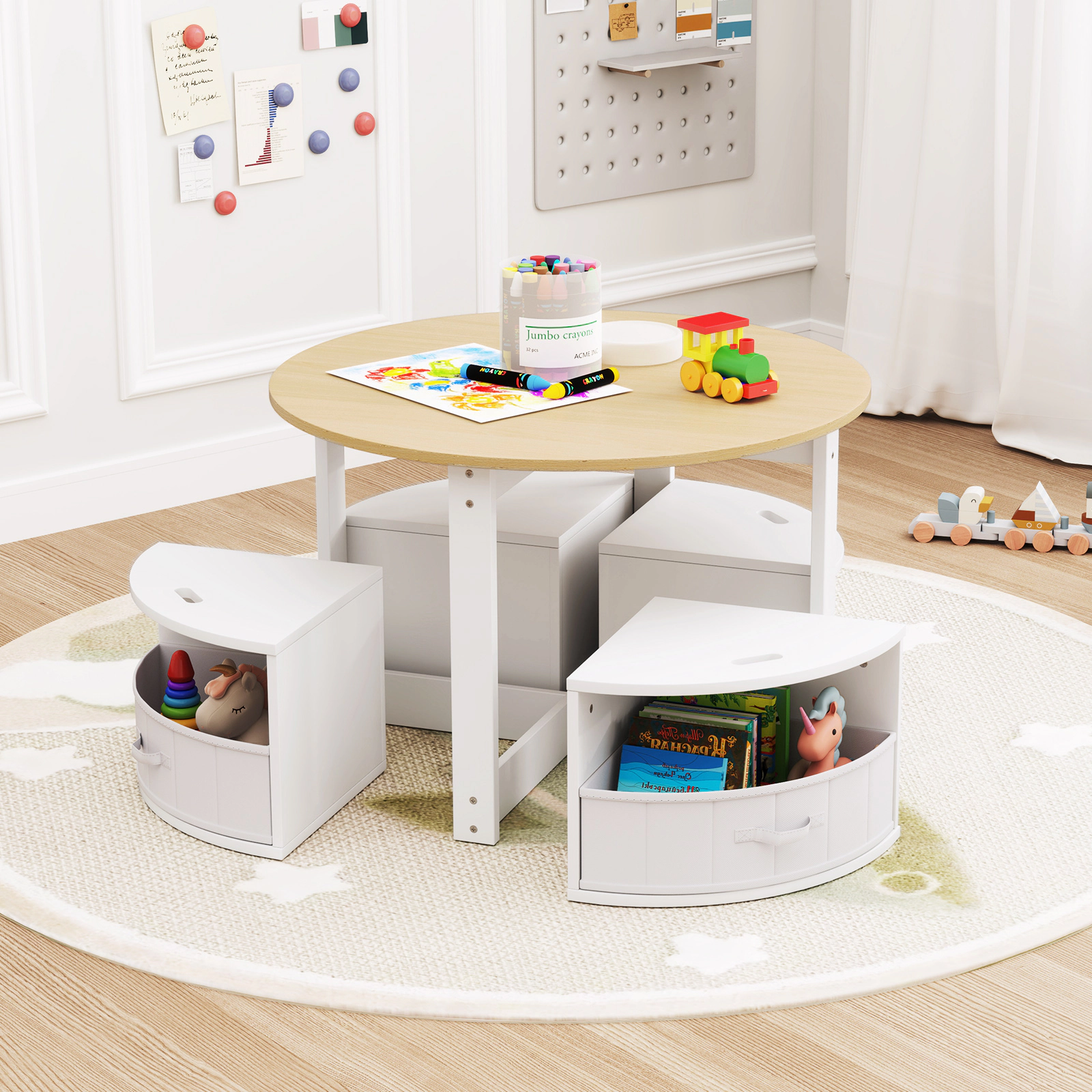 SUGIFT 5-Piece Toddler Round Nesting Activity Table Set with 4 Storage Stools 110-lb Tabletop 3+ Years Natural + White