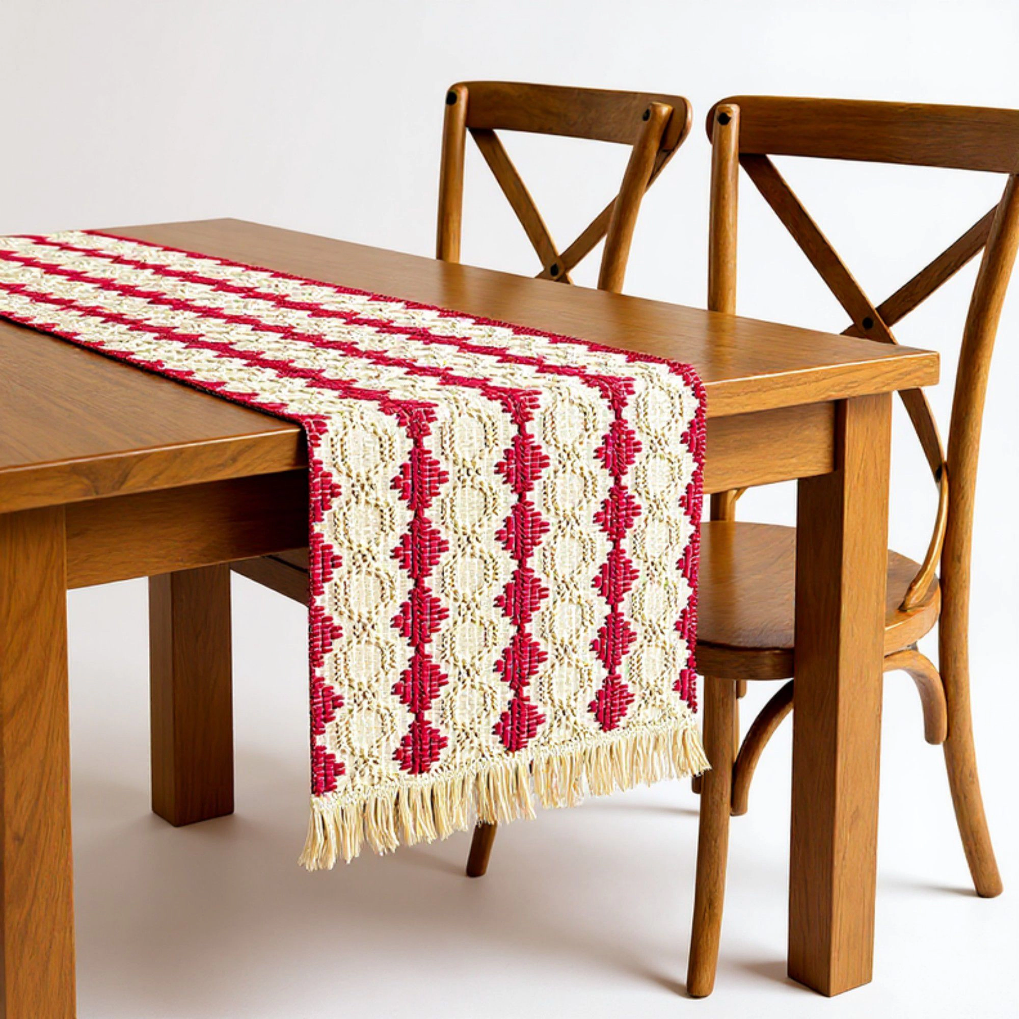 Alilang Women Woven Table Runner with Geometric Diamond Pattern and Fringe Ends