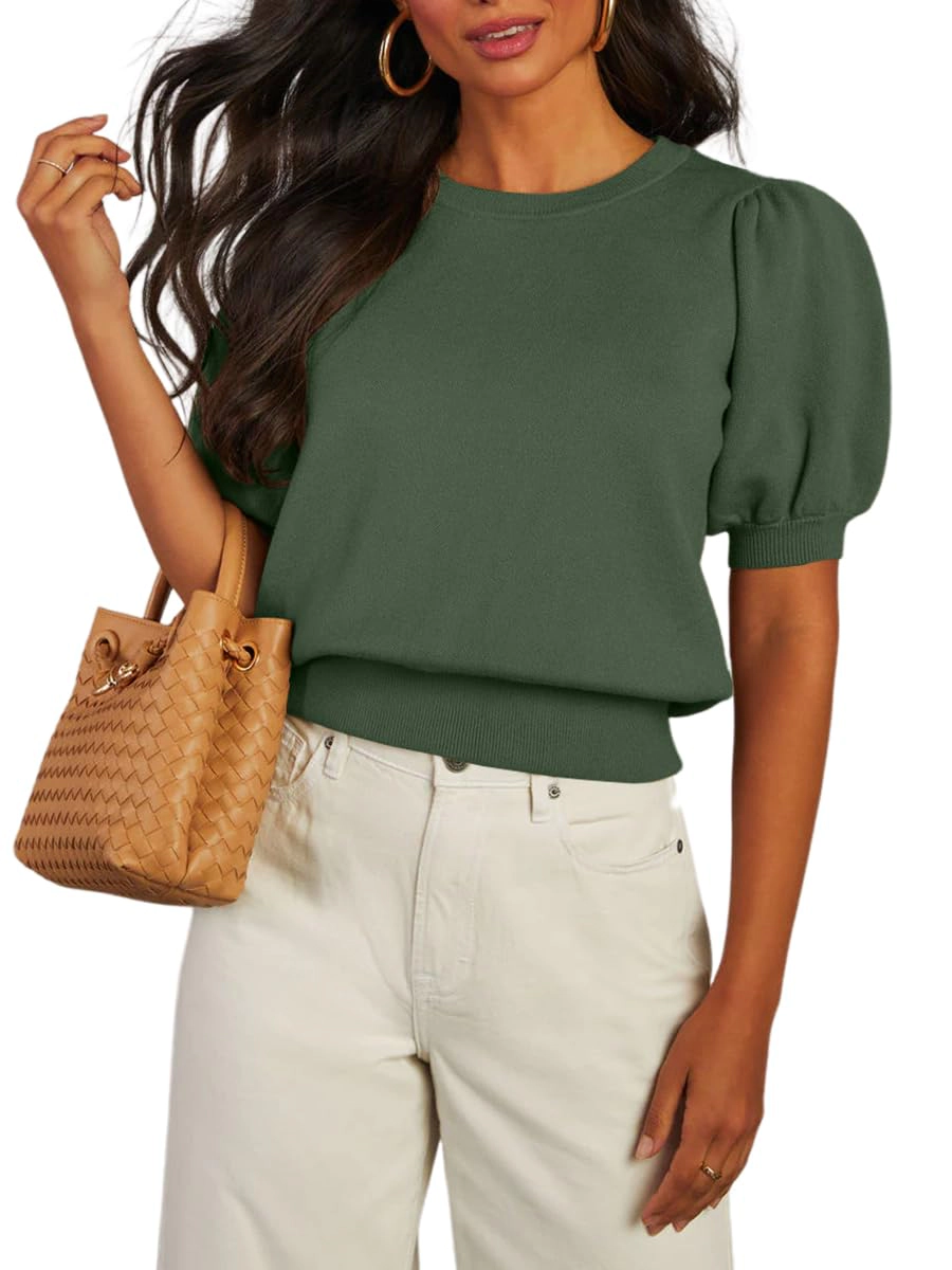 KOJOOIN Women's Puff Short Sleeve Tops Crew Neck Outfits Casual T Shirts Clothing Sweaters