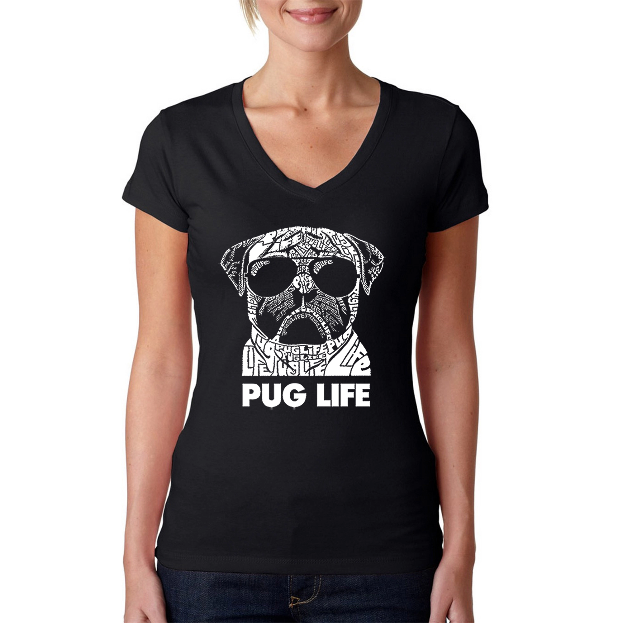 LA Pop Art Womens Word V-Neck T-Shirt - Pug Life