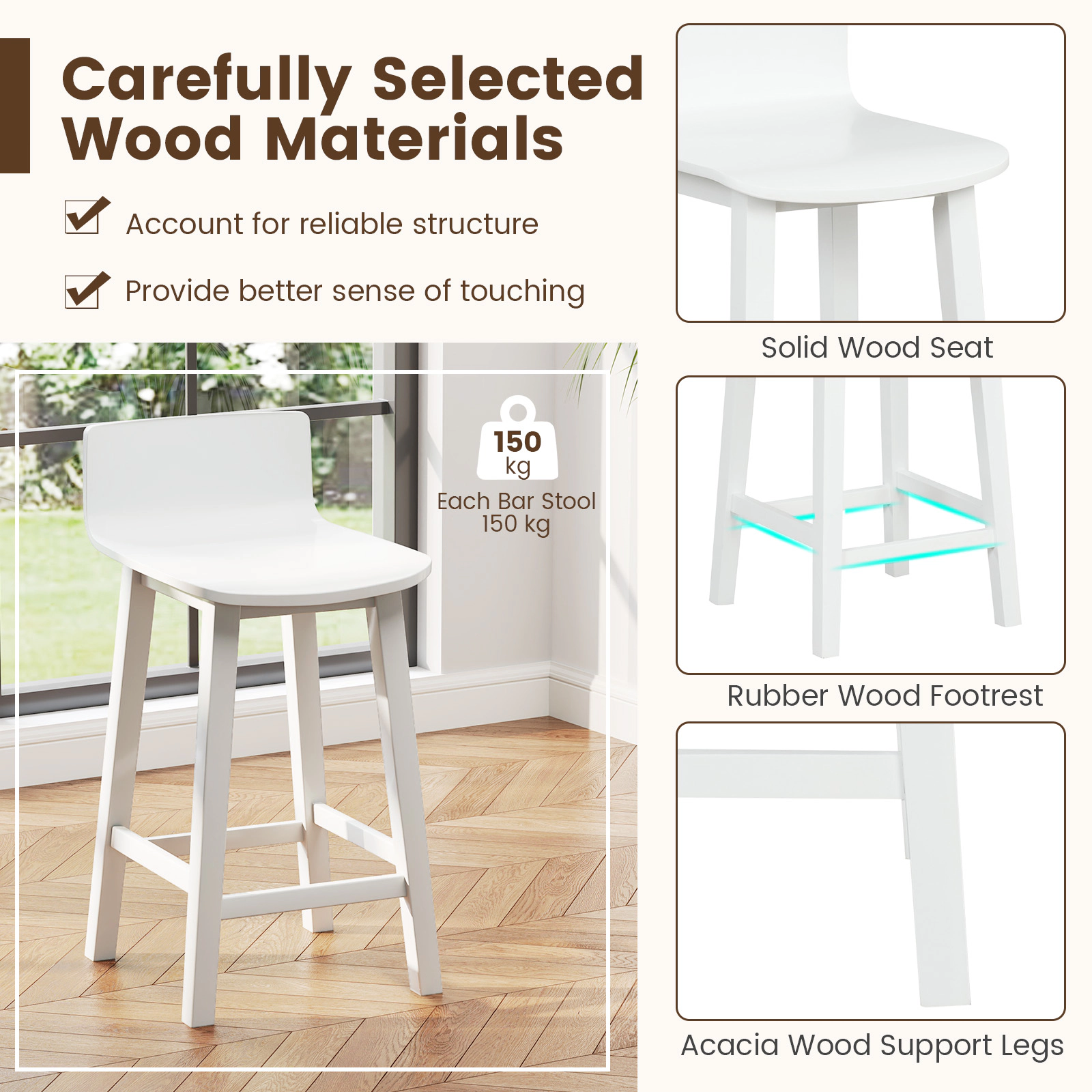 SUGIFT Solid Wood Bar Stools Set of 2 with Backrest 330-Lb Capacity 24.5-in Seat Height 15.5 x 17.5 x 30 in Frame White