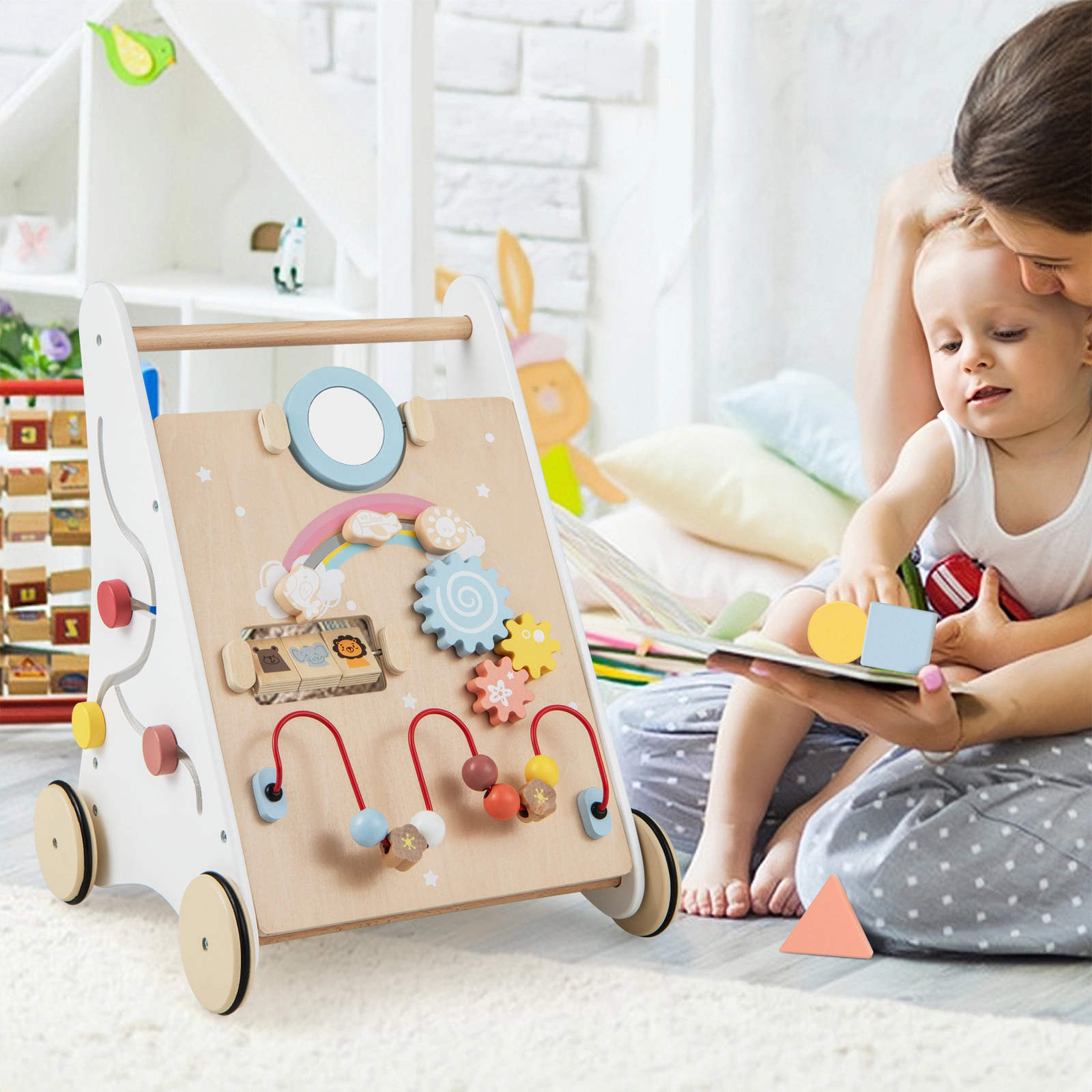 Wooden Baby Push Walker with Activity Center Rubberized Quiet Wheels and Rear Storage Basket in White