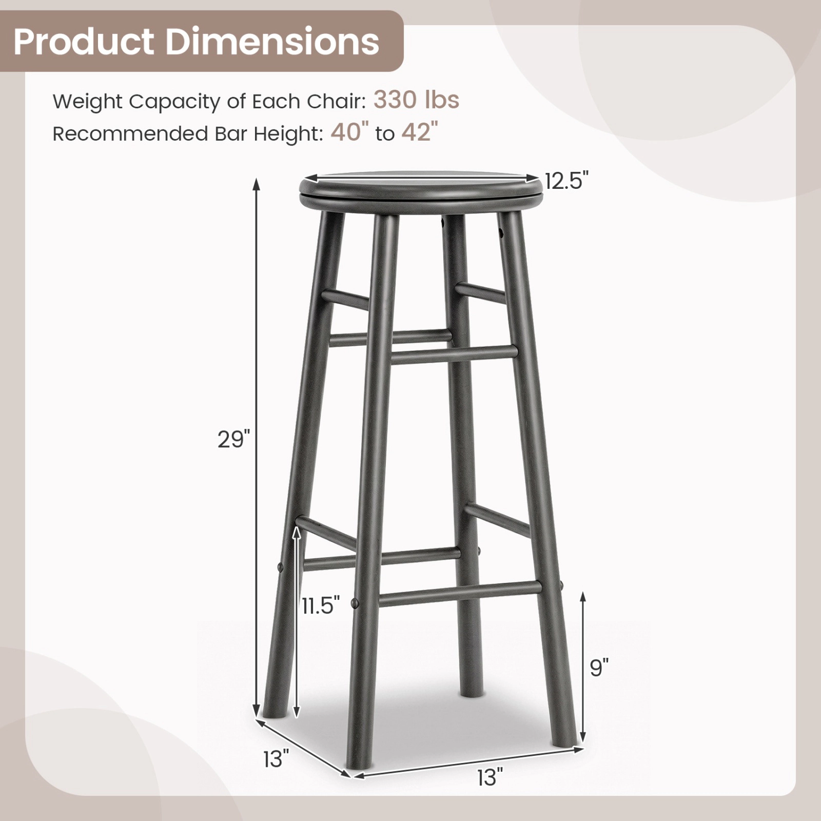 SUGIFT Swivel Bar Stools with 360° Swivel Seat Footrests and Crossbars 330-lb Capacity Natural Gray Walnut