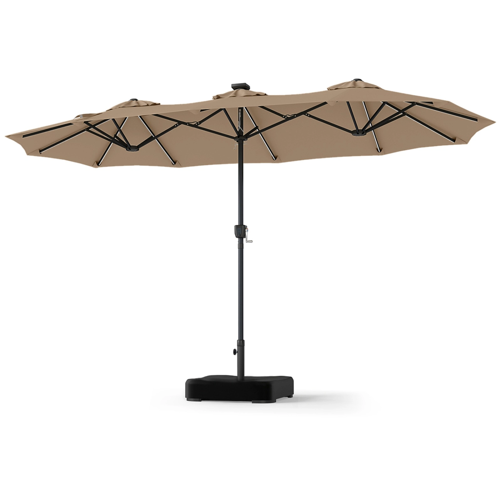 SUGIFT 13-ft Double-Sided Patio Umbrella with 108 LED Lights, Crank Handle and 135-lb Base Capacity Tan