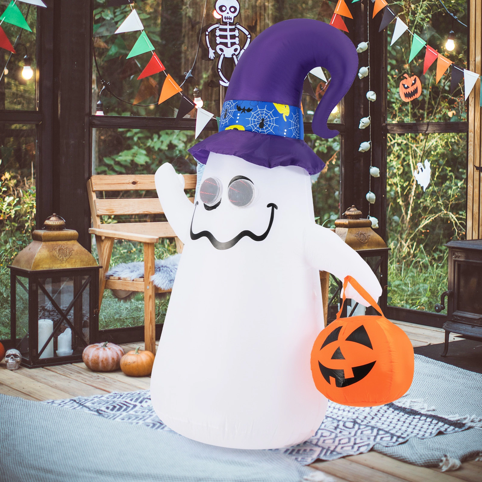 SUGIFT White 6-ft Halloween Inflatable Ghost with Jack-o-Lantern and LED Tunnel Lights 4.3-ft W 2.4-ft D 6-ft H