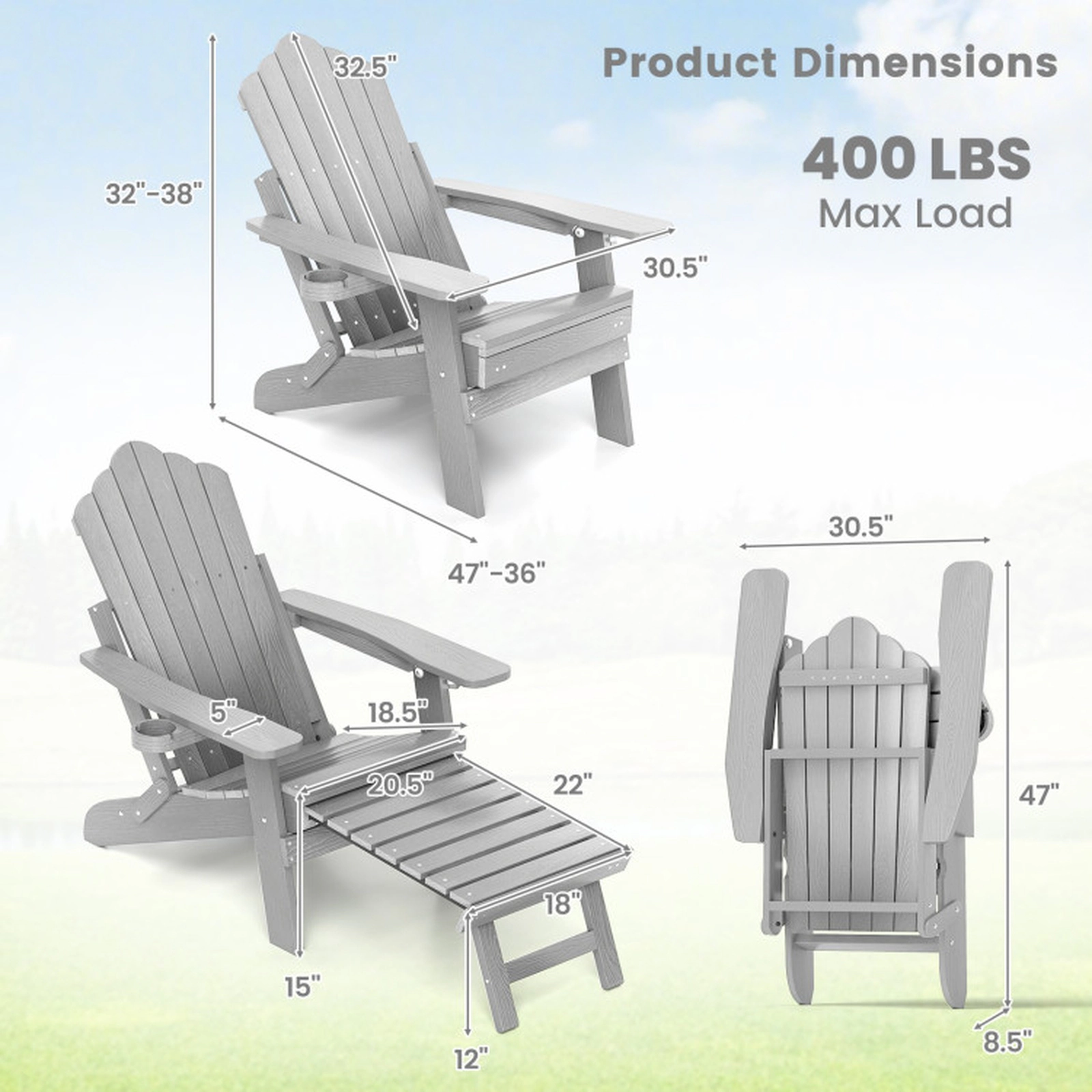 SUGIFT All-Weather HIPS Folding Adirondack Lounge Chair 4-Position Backrest 400-lb Capacity Retractable Footrest Gray