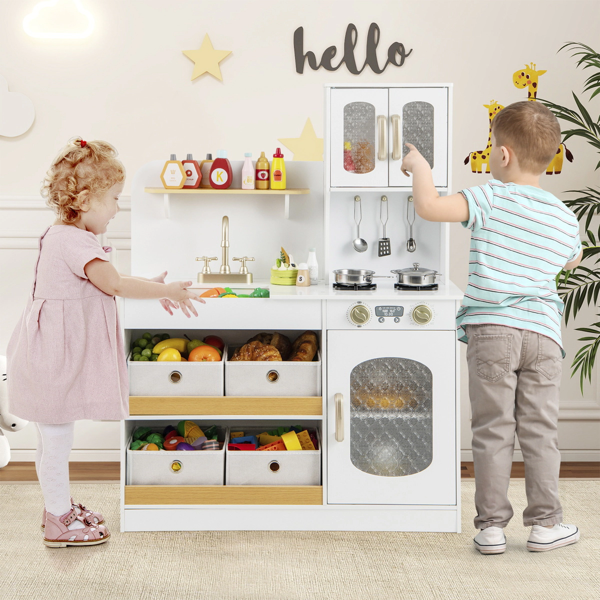 SUGIFT Kids Kitchen Playset with Cooking Accessories and Toy Cuttable Veggies 21.5-in Countertop Ages 3+ White