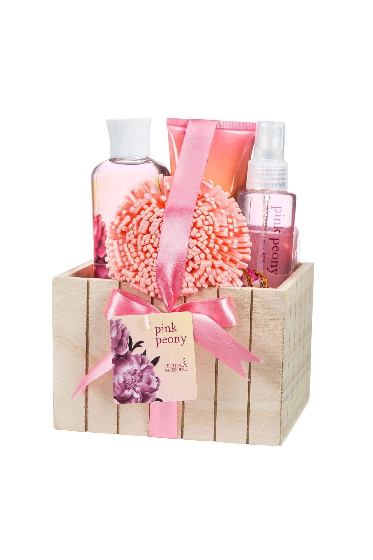 Pink Peony Bathroom Bath Set for Women in a Natural Wood Plant Box