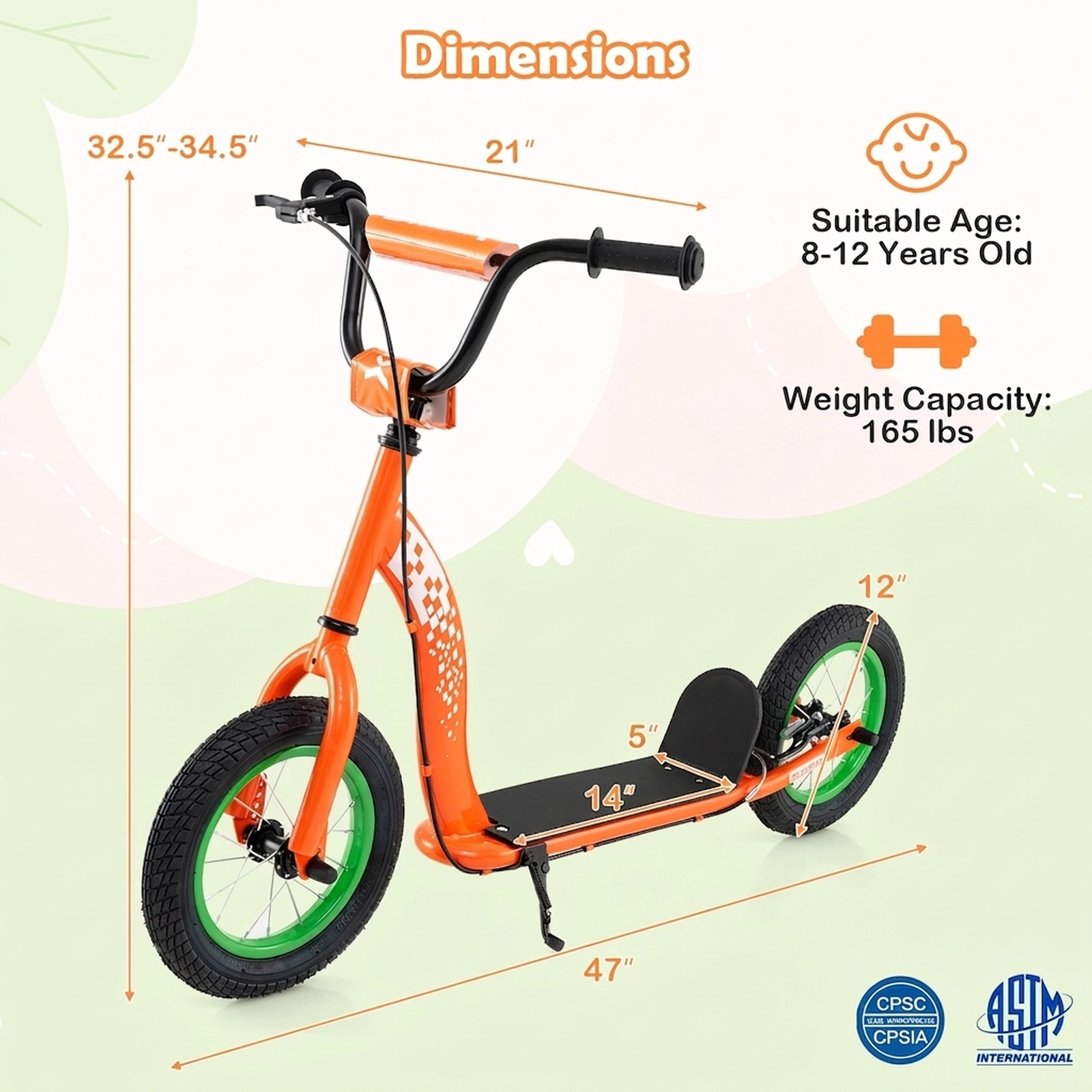 SUGIFT Adjustable Handlebar Youth Kick Scooter with 12-in Inflatable Wheels 165-lb Capacity Ages 8-12 Orange