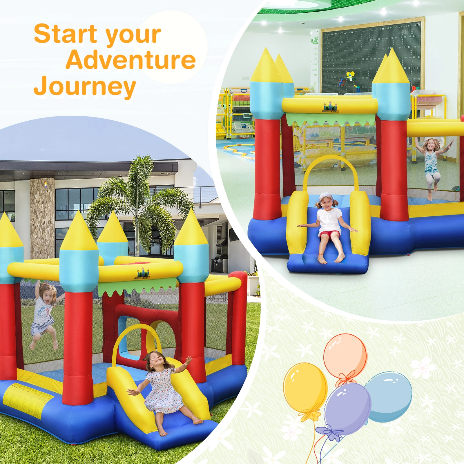Kids Inflatable Bouncer with Jumping Area 100 Ocean Balls Basketball and 480W Blower for 3 Kids 300-lb Capacity Bounce