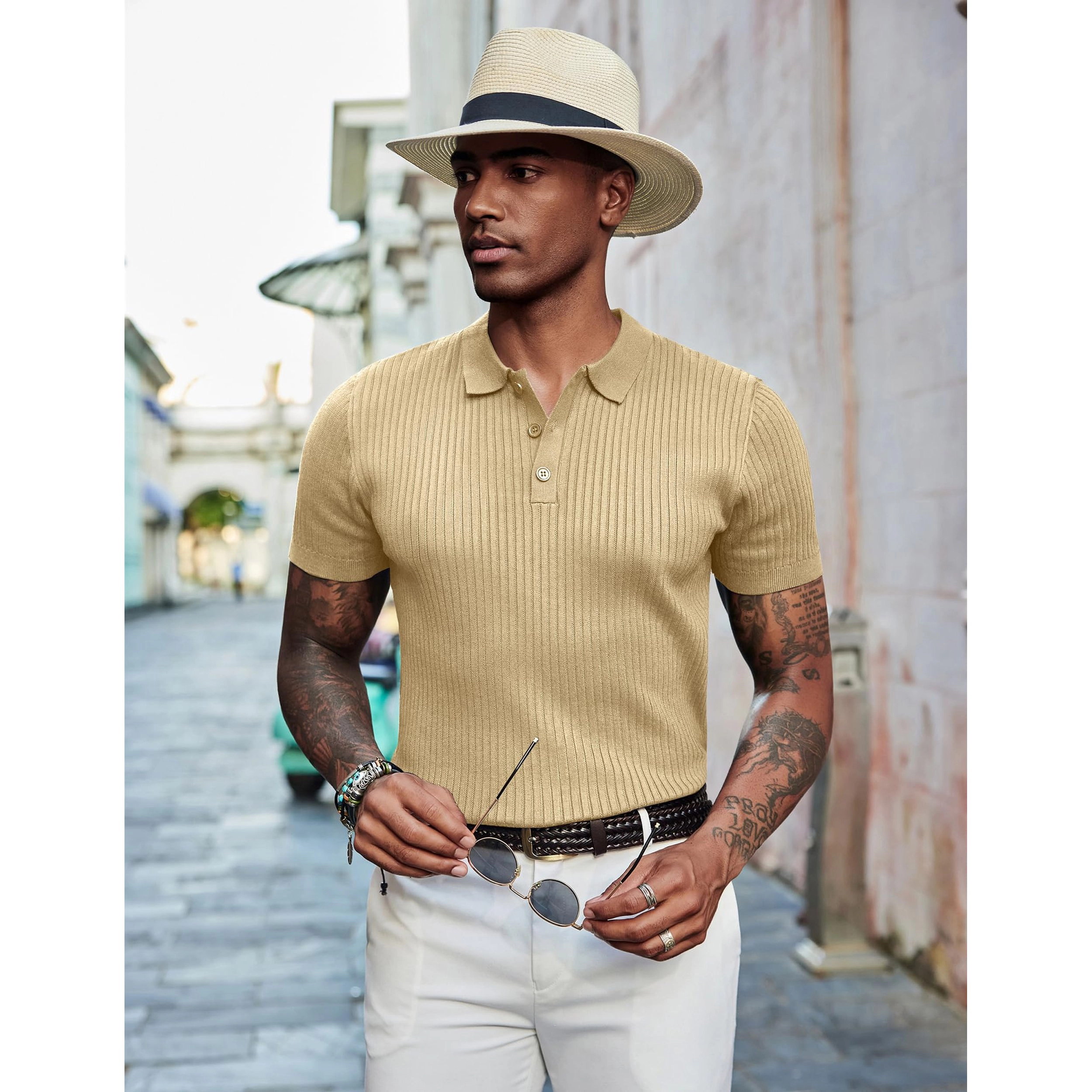 COOFANDY Men's Regular Fit Ribbed Knit Short Sleeve Polo Shirt