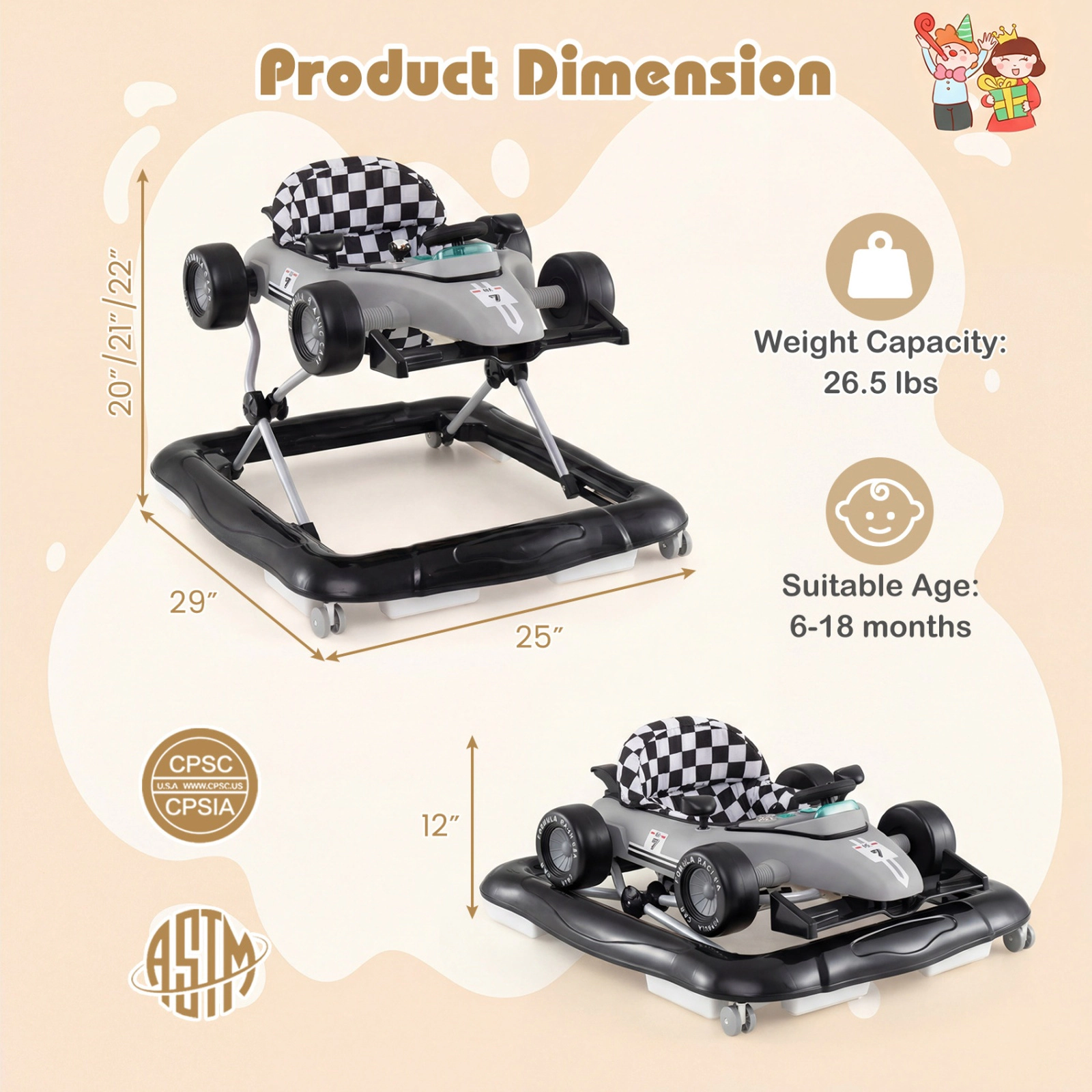 SUGIFT Gray Adjustable Height and Music Box 4-in-1 Baby Push Walker Activity Center
