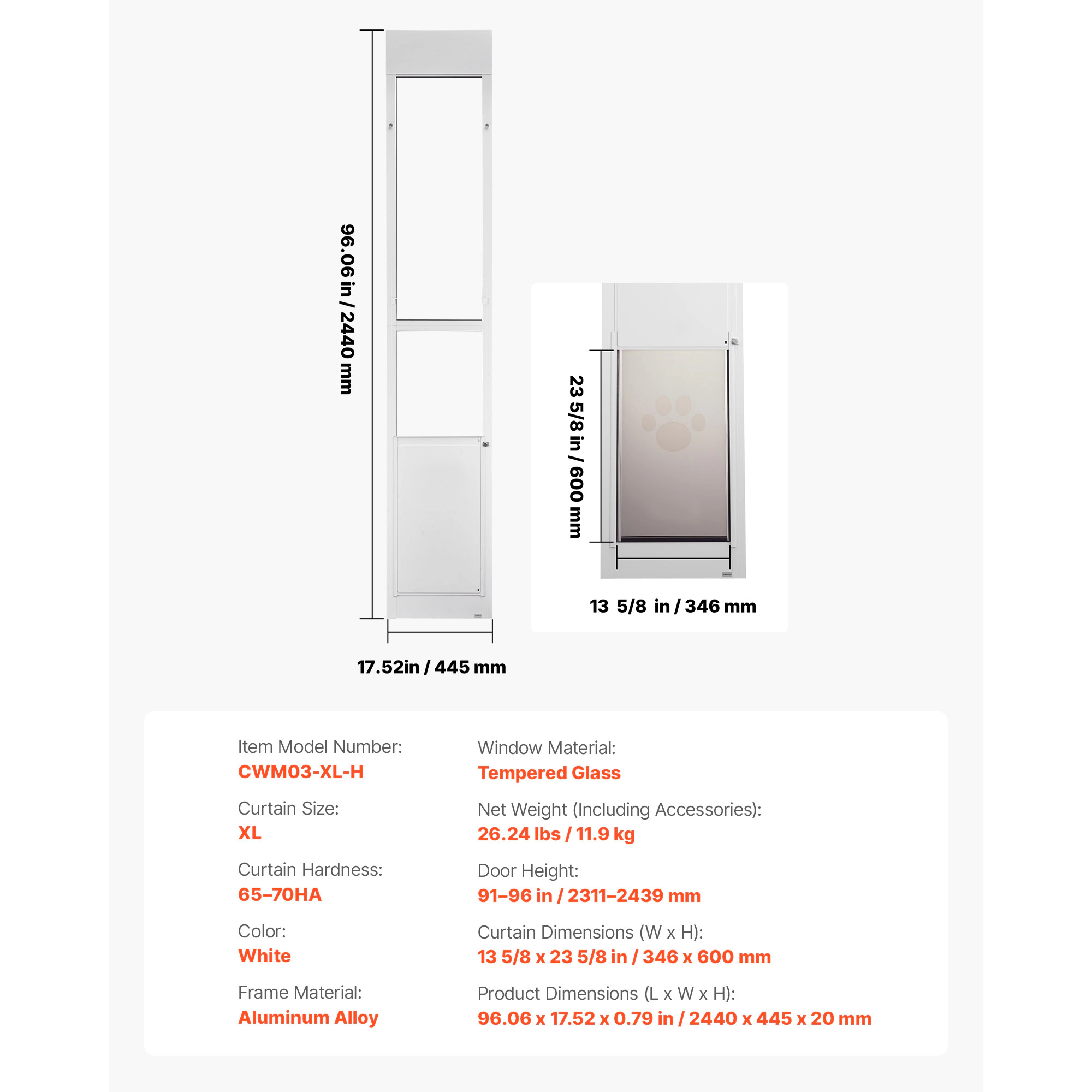 HONGGE Dog Door for Sliding Glass Door 91 to 96 in Adjustable Height Aluminum Alloy Frame with Metal Rotating Hinges