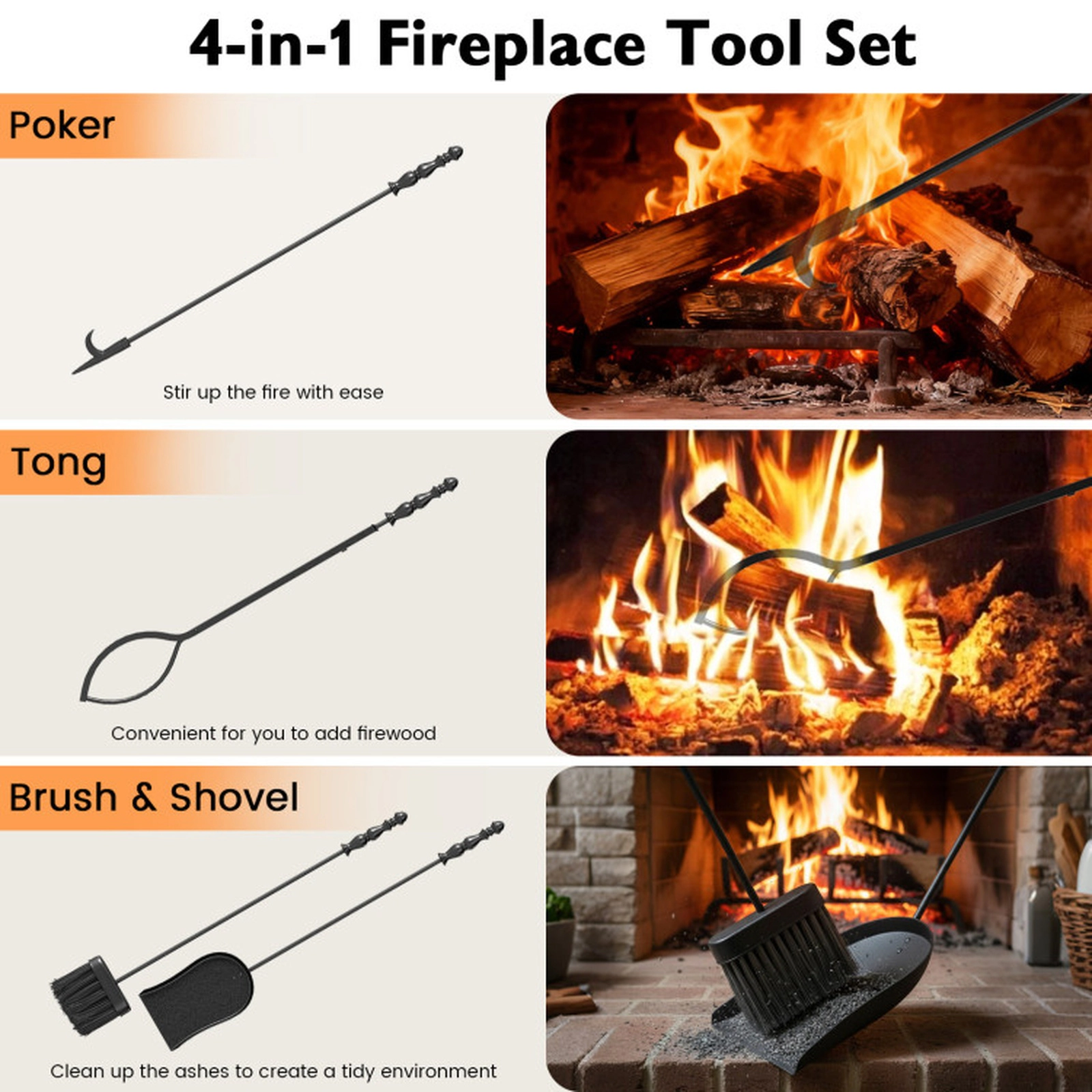 SUGIFT 5-Piece Poker Tongs Brush Shovel Round Stand Fireplace Tool Set 27-in Tools 8-in x 31.5-in Base 9-lb Black