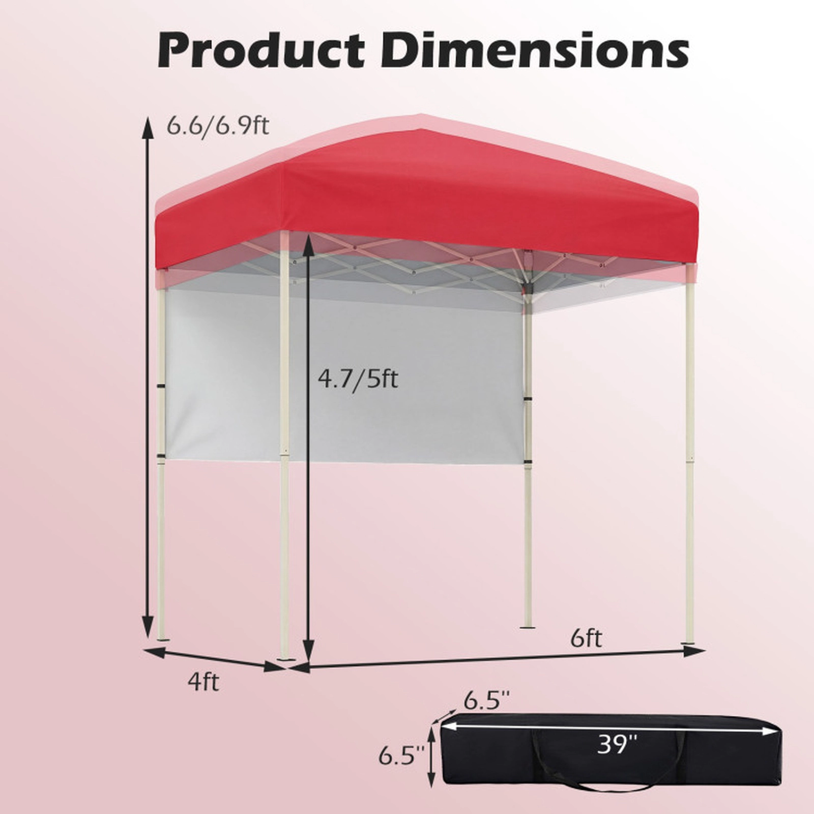 SUGIFT 6 x 4FT Pop-Up Canopy Tent with Half Sidewall Gazebo Easy Setup Outdoor Sun Shelter 15.5-lb Net Weight Red