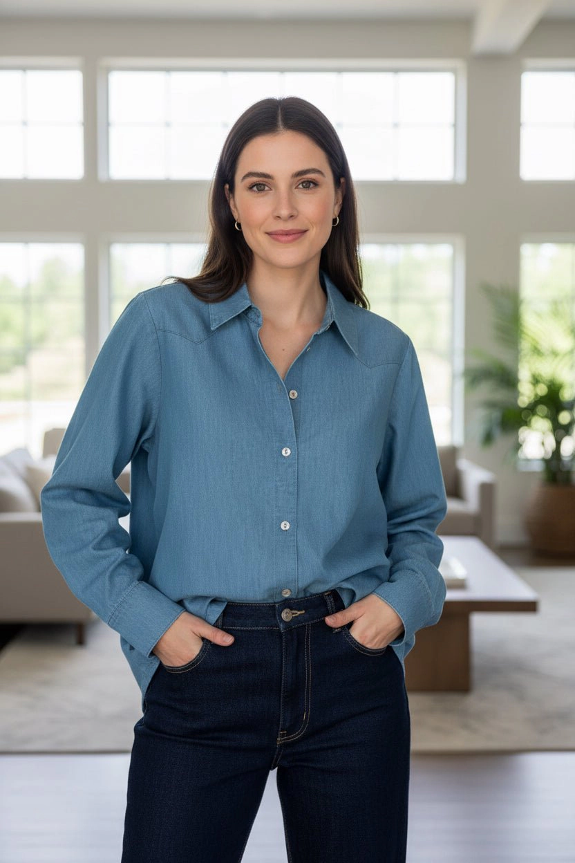 DressAtR Women's Light Blue Denim Full Cuff Sleeve Button Front Shirt
