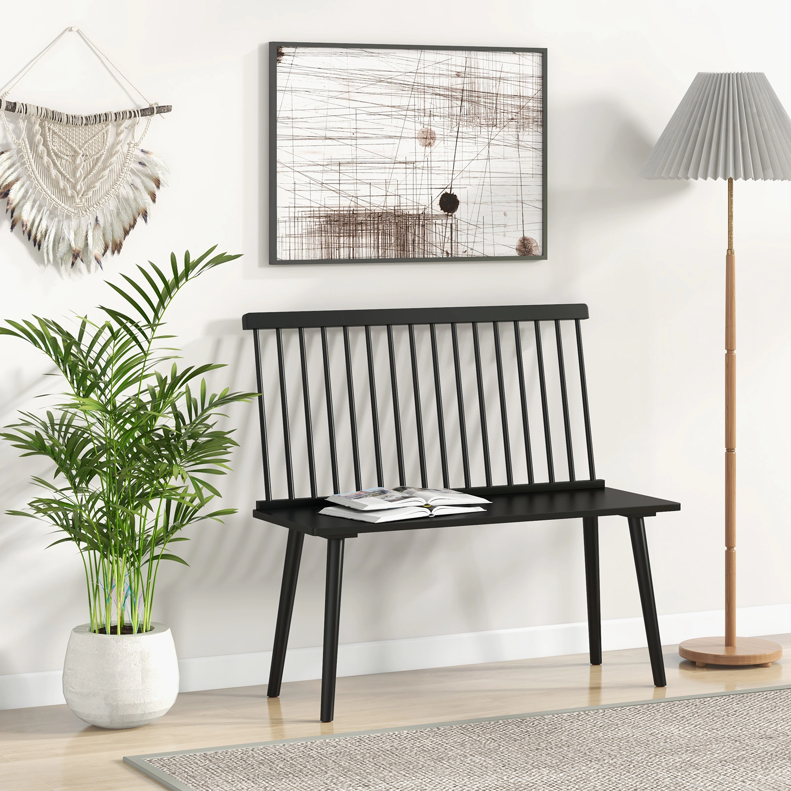 SUGIFT Entryway Bench Black Rubber Wood 2-Seat Bench with Removable Spindle Back