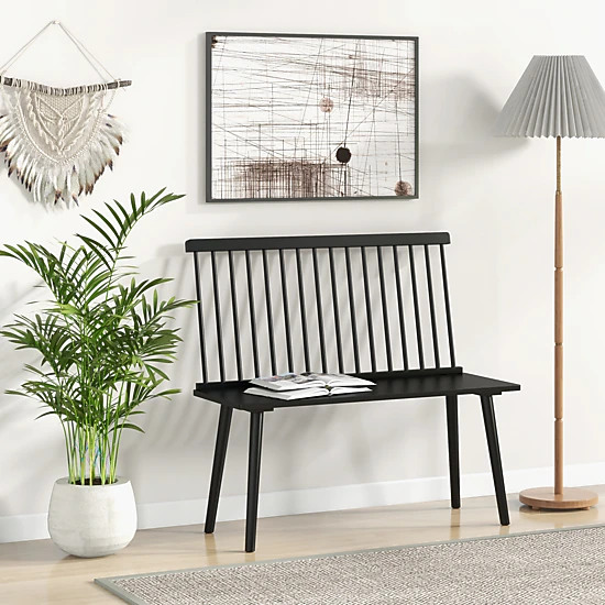 SUGIFT Entryway Bench Black Rubber Wood 2-Seat Bench with Removable Spindle Back
