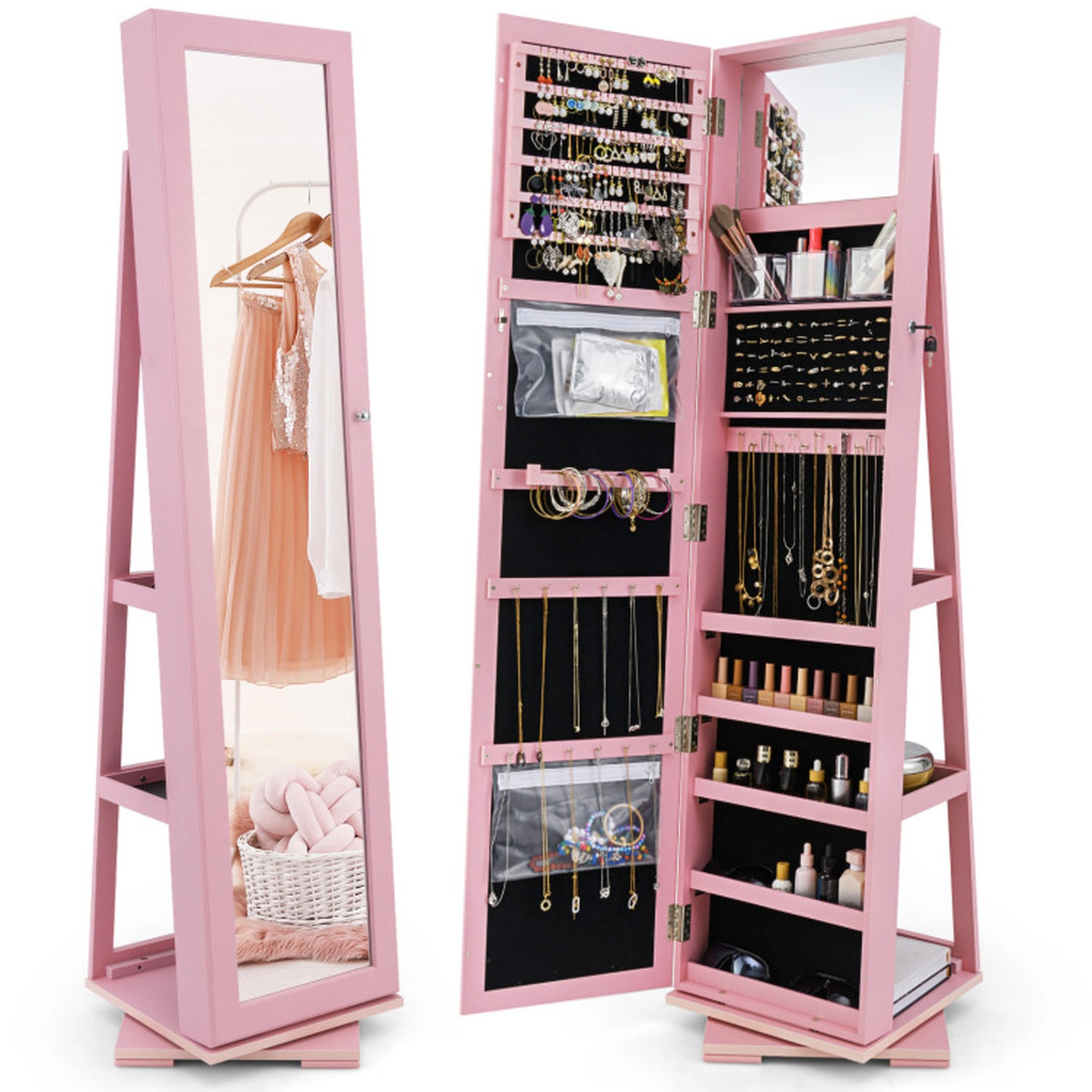 SUGIFT 2-in-1 Pink Lockable Jewelry Cabinet with 57-in Full-Length Mirror Rotating Base and Anti-Rust Hooks