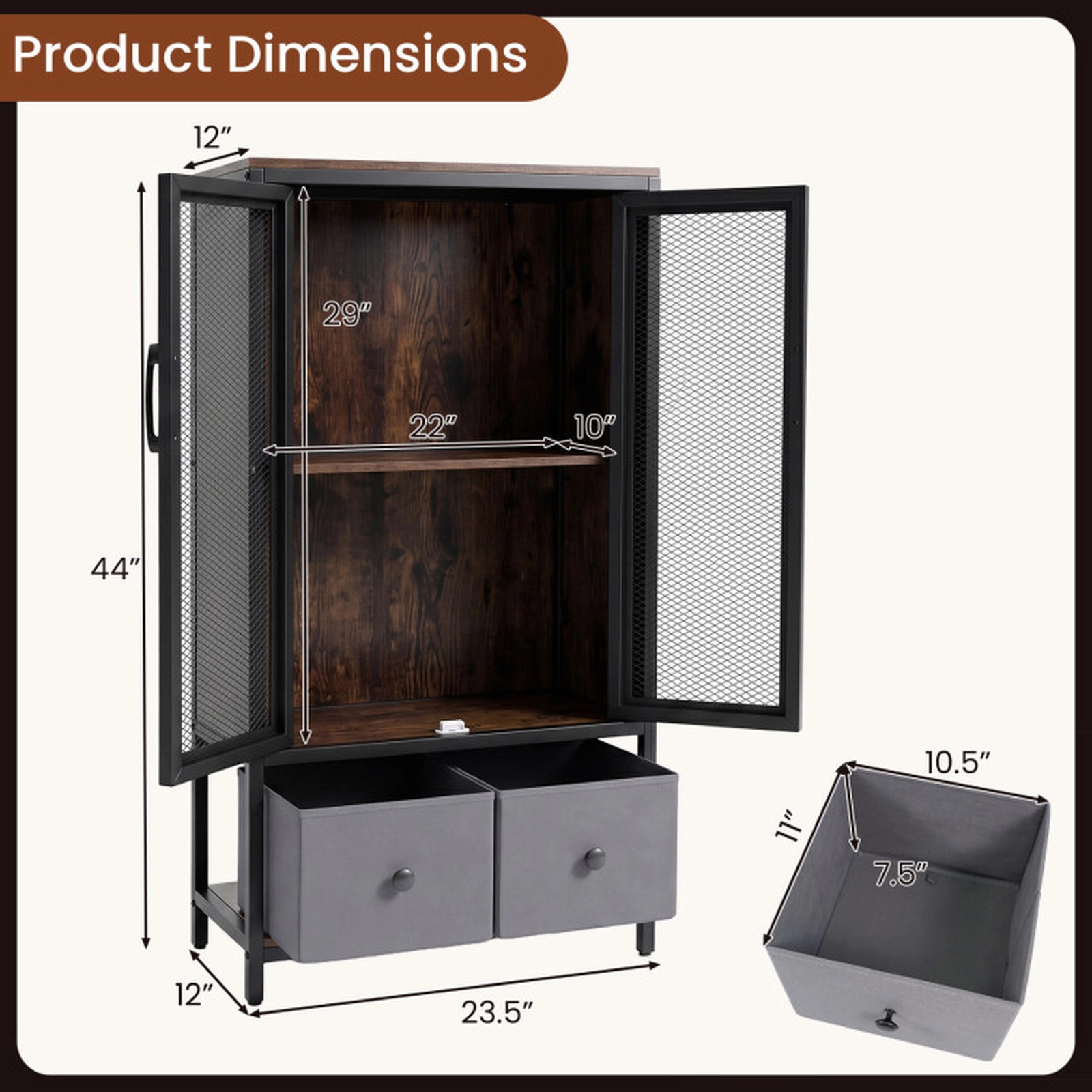 SUGIFT Industrial Coffee Bar Cabinet 2-Tier Storage Compartment 198.5-lb Total Capacity Rustic Brown & Black with Gray