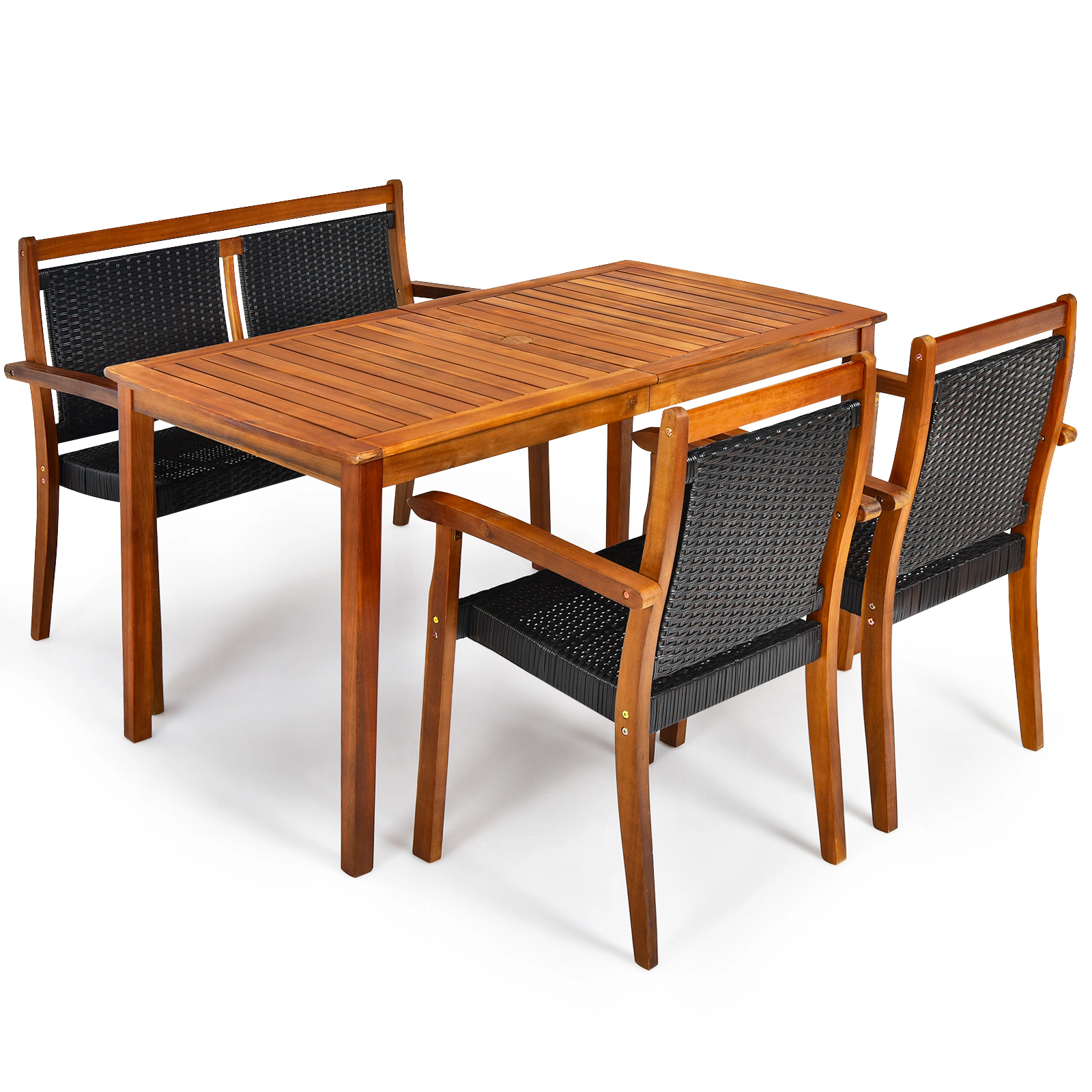 LJG 4 Pieces Acacia Wood Patio Rattan Dining Furniture Set
