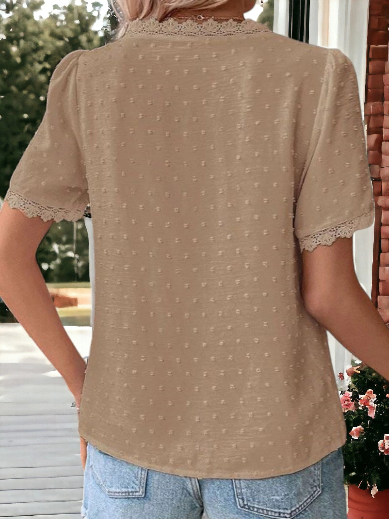 Anna-Kaci Lace Trim V-Neck Short Sleeve Polyester Blouse